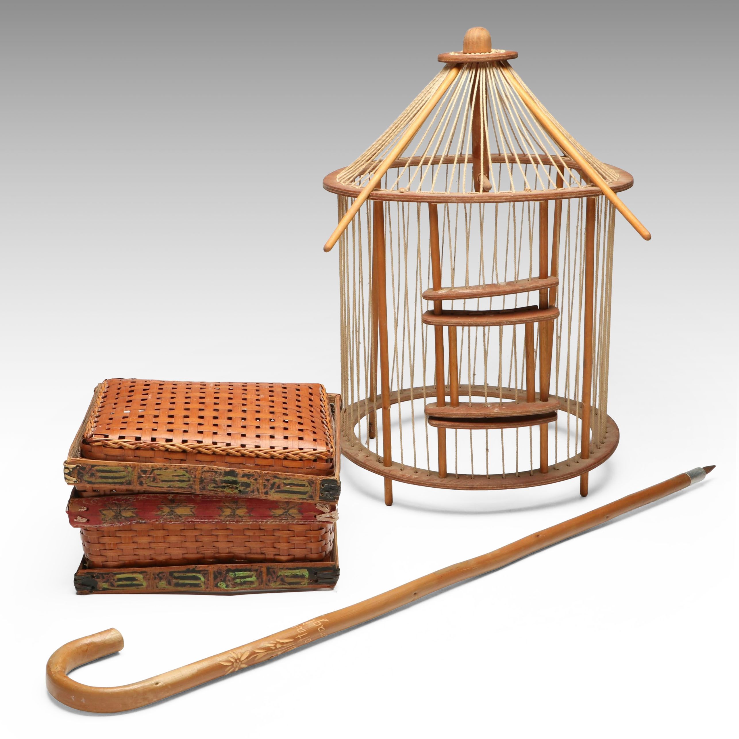 Alpine Souvenir Pointed Hiking Stick with Polychrome Woven Box and Birdcage