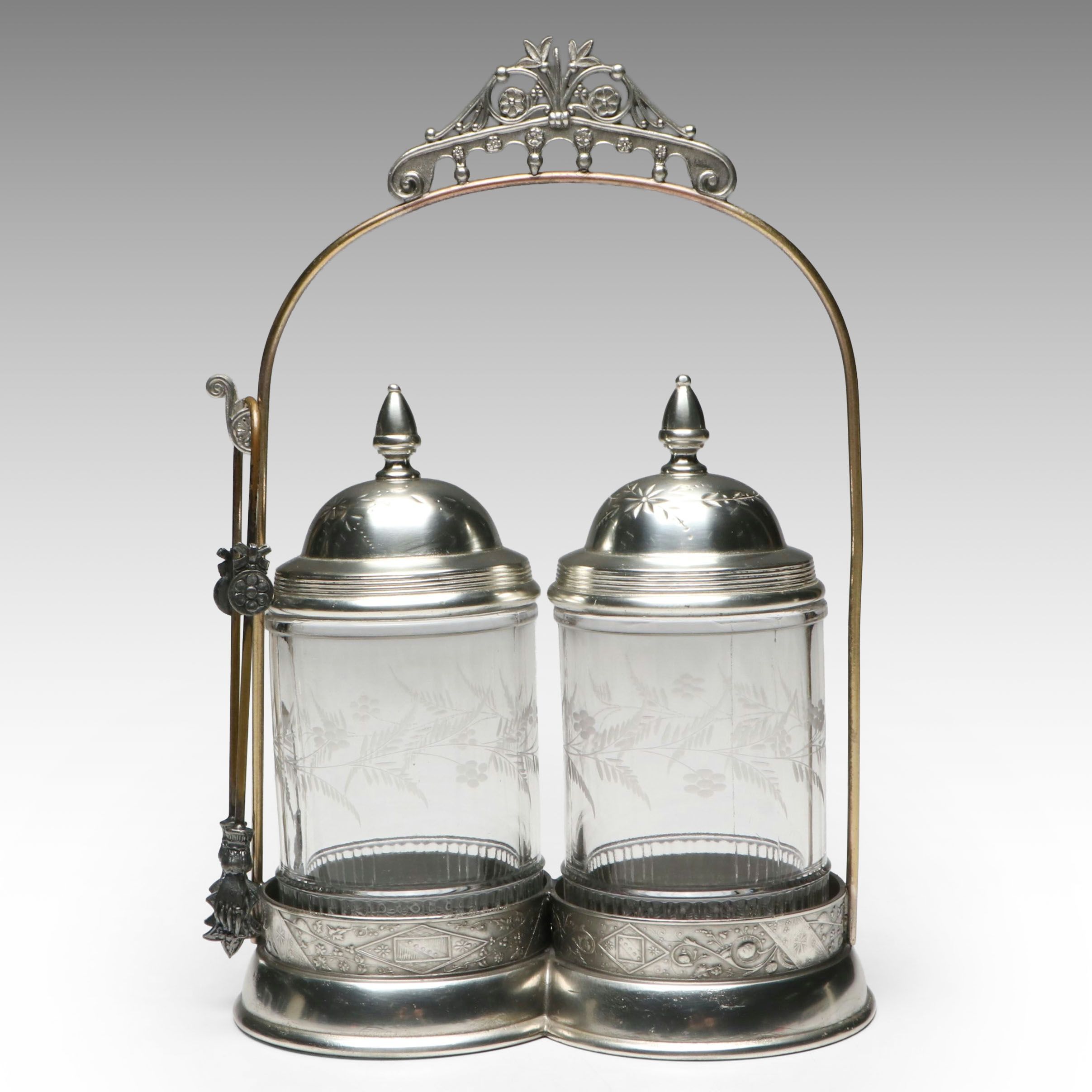 Vintage Victorian Style Etched Glass Double Pickle Castor