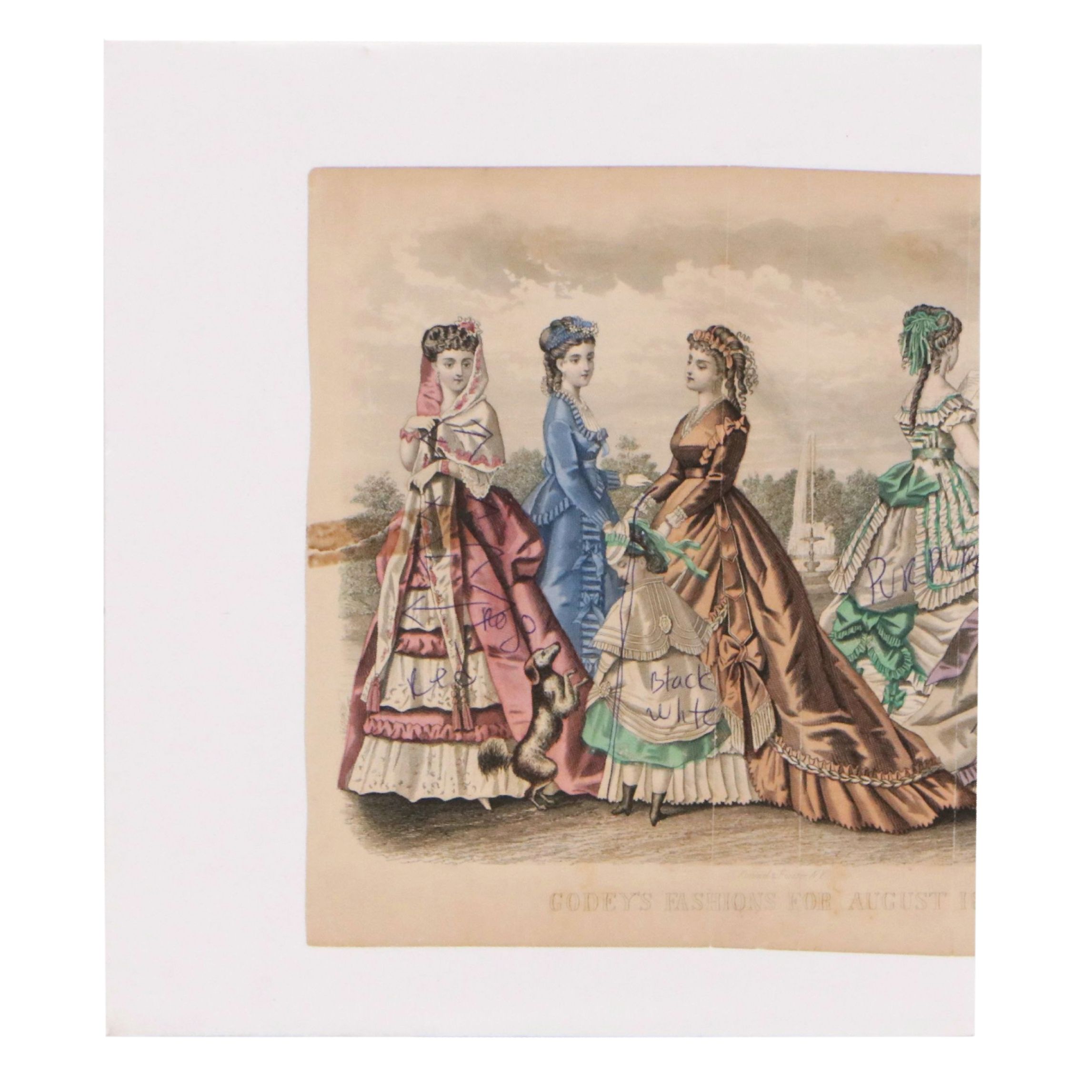 "Godey's Fashions" Hand-Colored Engraving Fragment, 19th Century