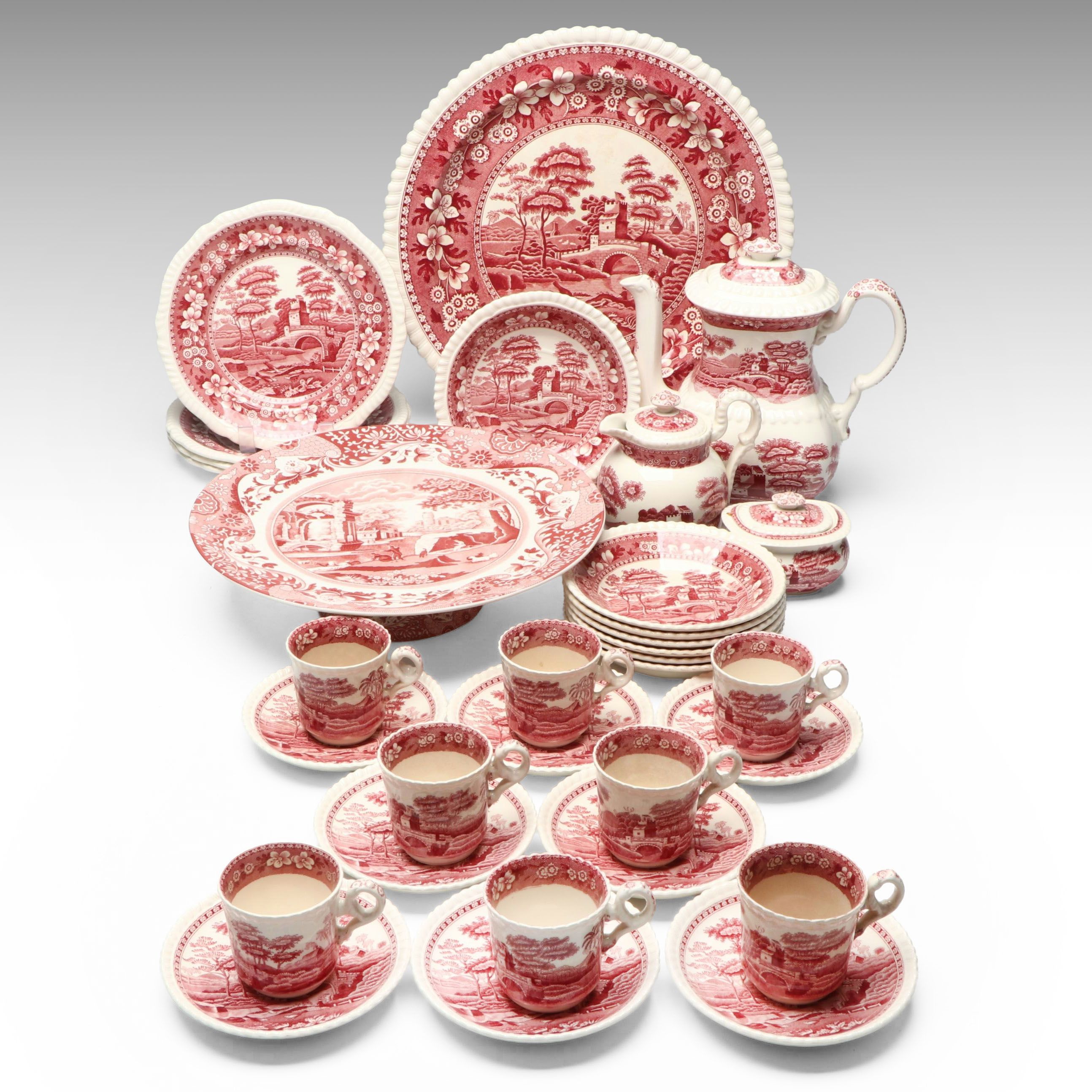 Copeland Spode "Tower" Pink Transferware Plates, Coffee Pot and More Serveware