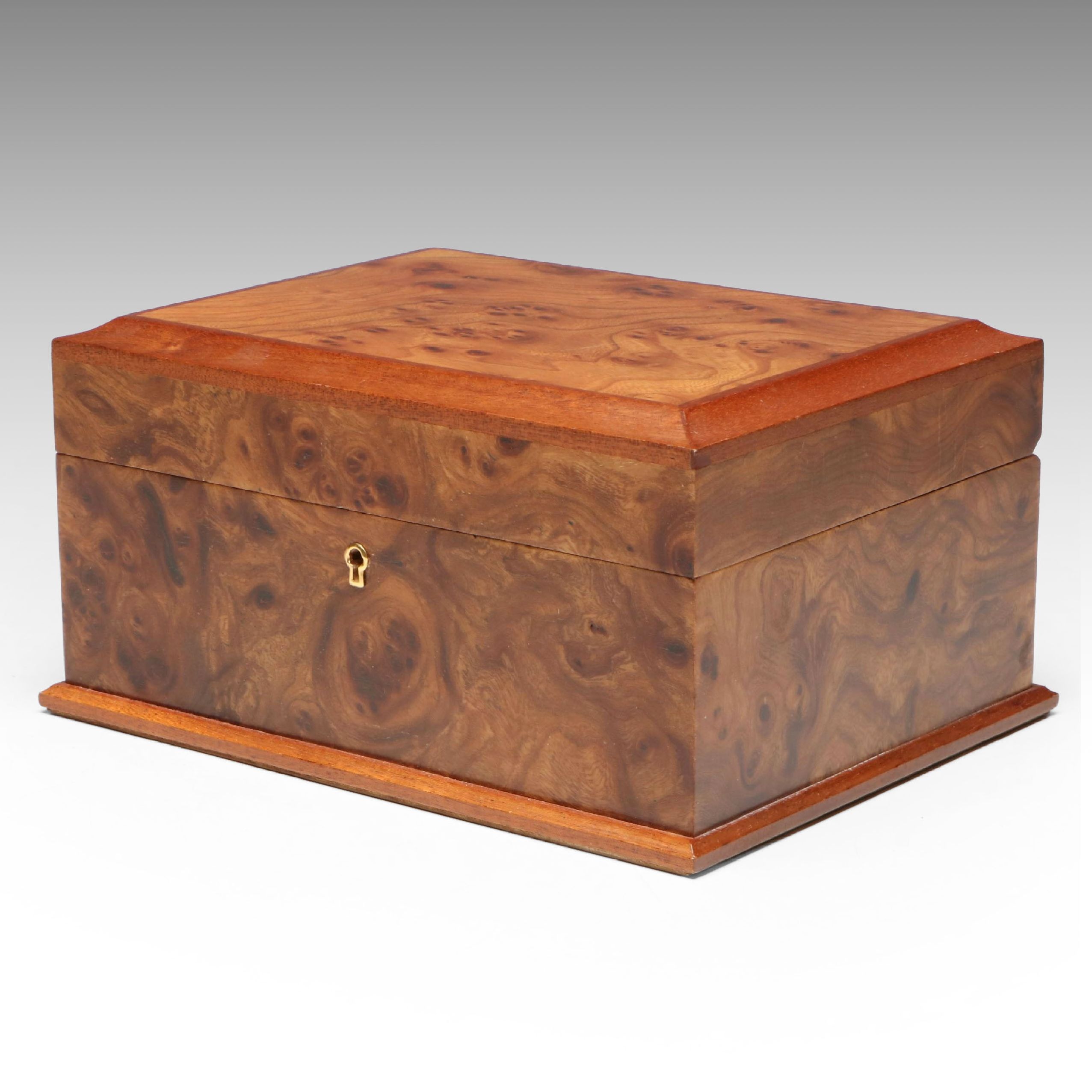 Burl Wood Veneer Jewelry Box with Interior Sectioned Tray