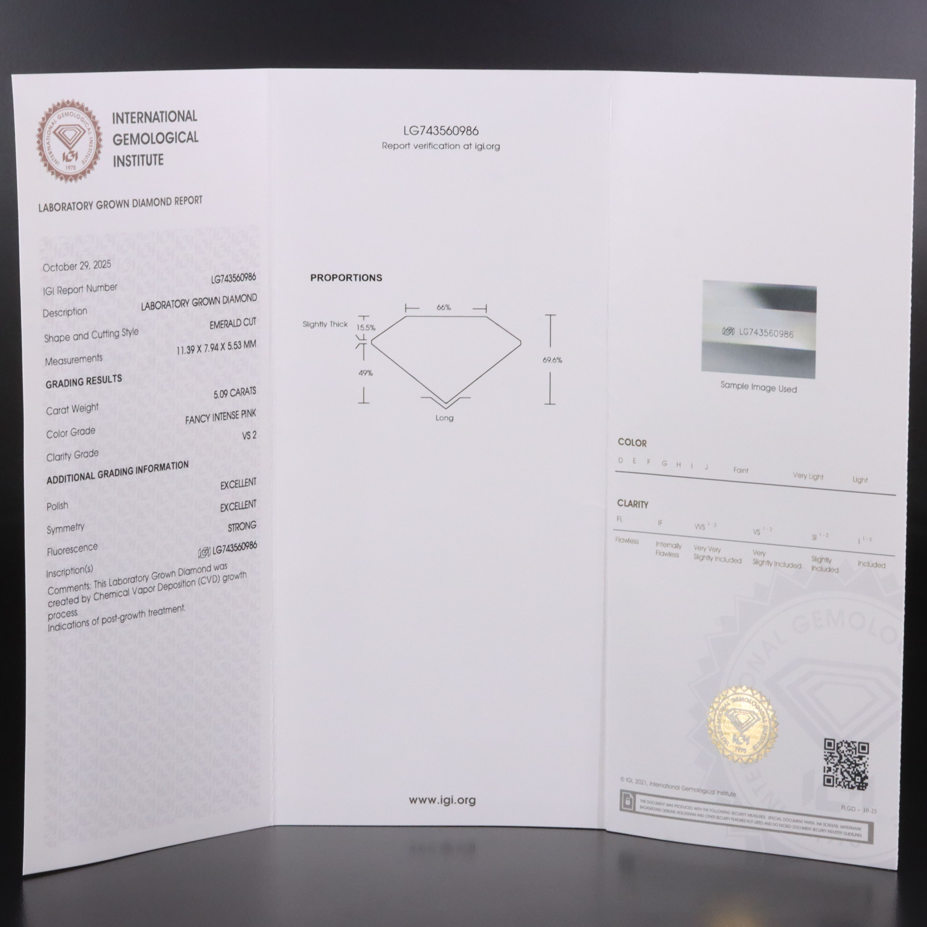 18K 5.53 CTW Lab Grown Diamond Ring with Fancy Intense Pink Center & IGI Report