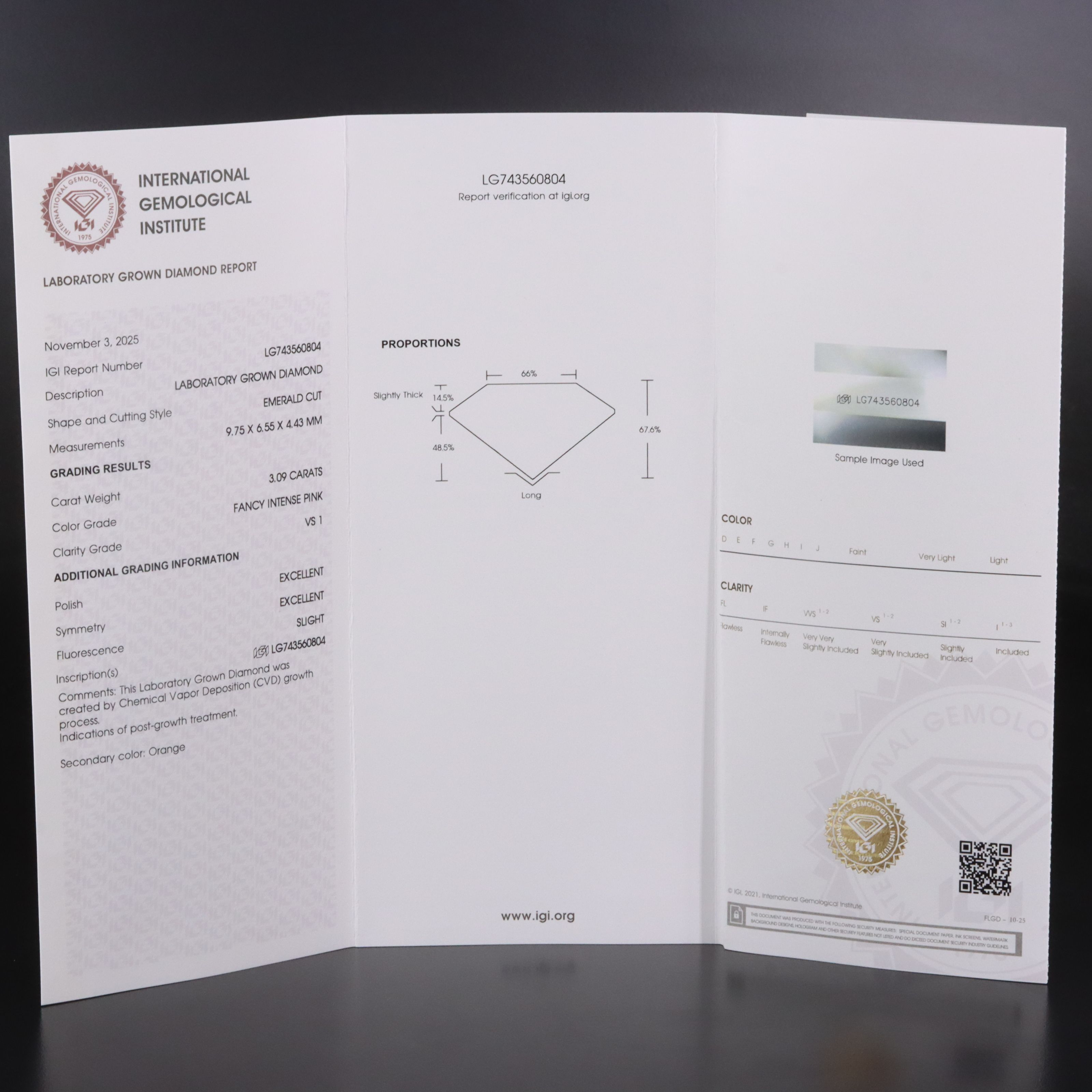 18K 3.34 CTW Lab Grown Diamond Ring w/ Fancy Intense Pink Center and IGI Report