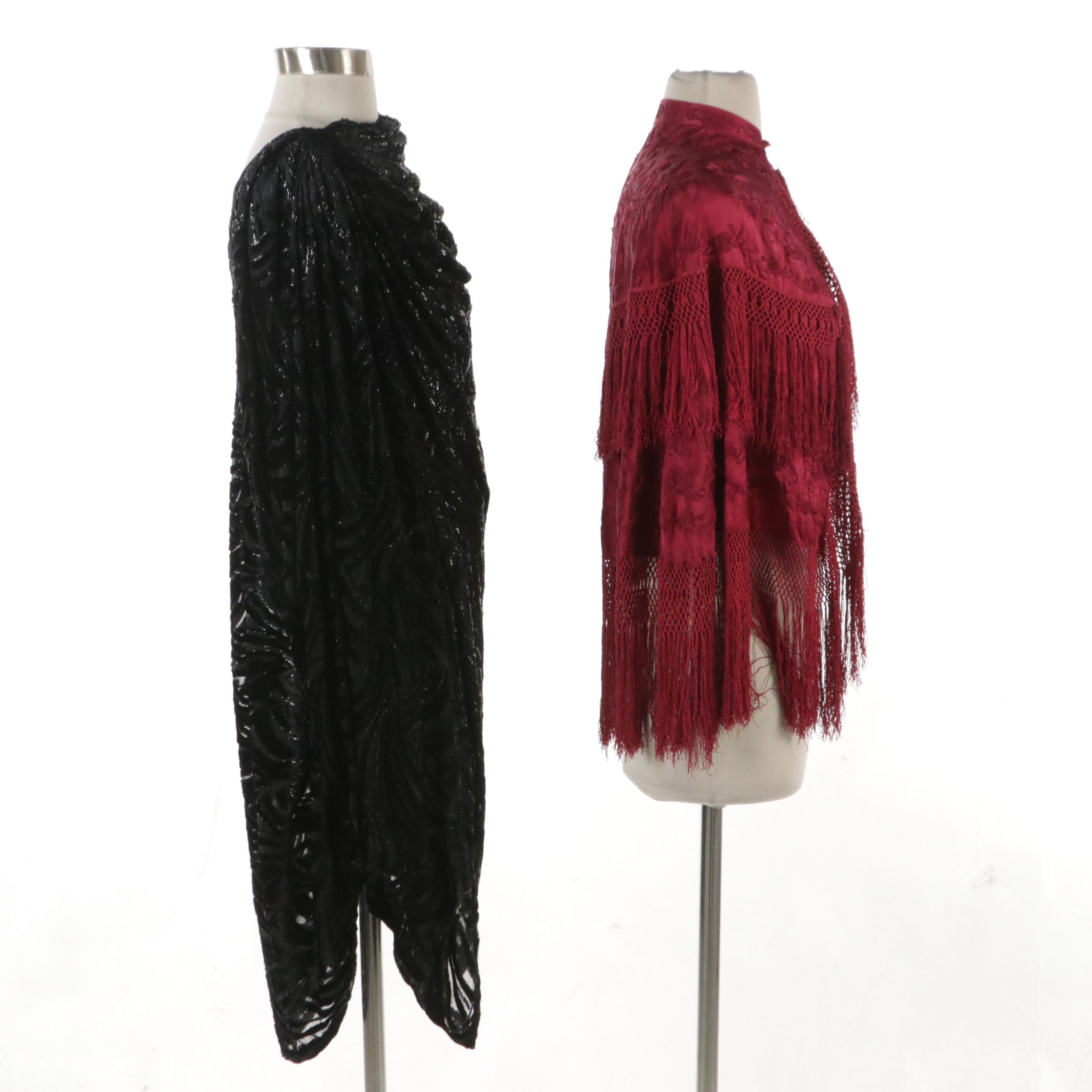 Vintage Embroidered Silk Fringe Shawl, Draped Zebra Velvet Burnout Mini Dress