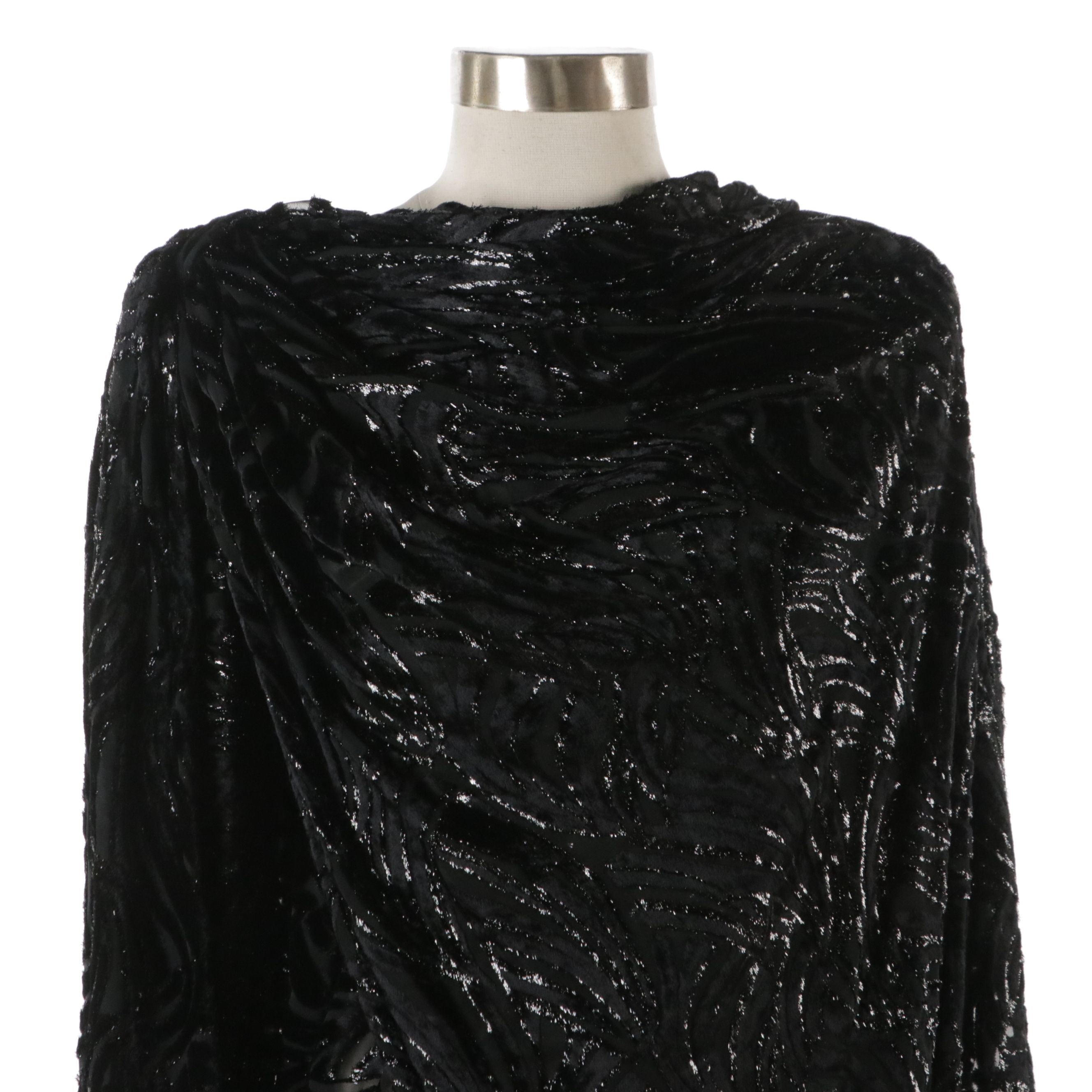 Vintage Embroidered Silk Fringe Shawl, Draped Zebra Velvet Burnout Mini Dress