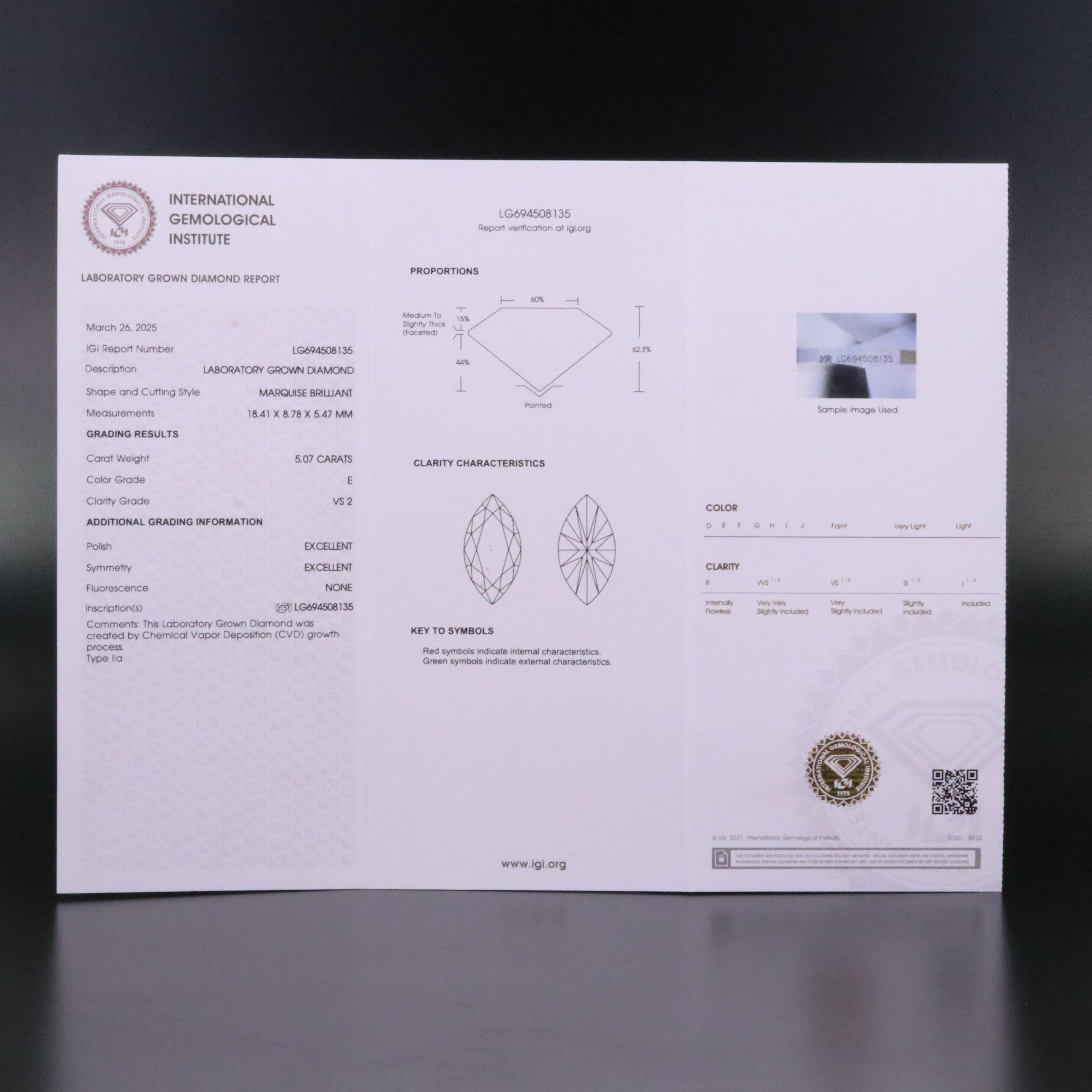 Loose 5.07 CT Lab Grown Diamond with IGI Report