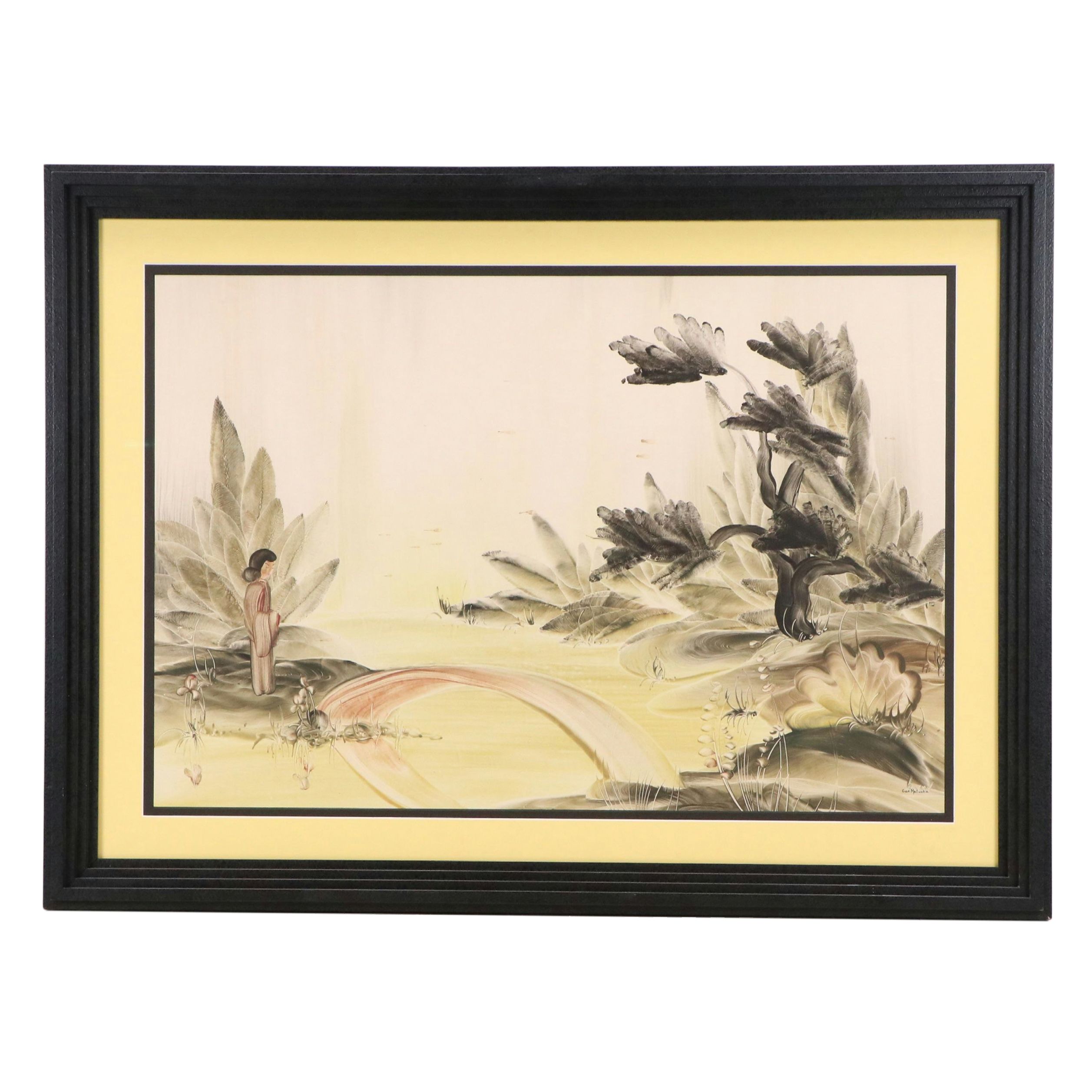 Genevieve Matucha Acrylic Painting of Woman in Landscape, Mid to Late 20th C.