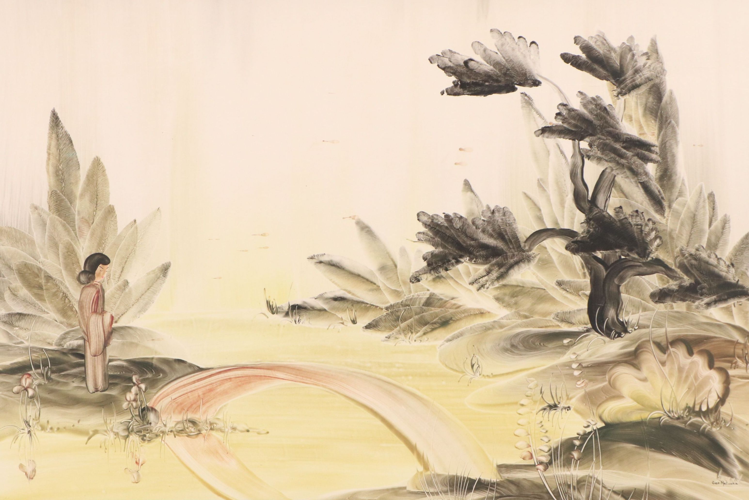 Genevieve Matucha Acrylic Painting of Woman in Landscape, Mid to Late 20th C.