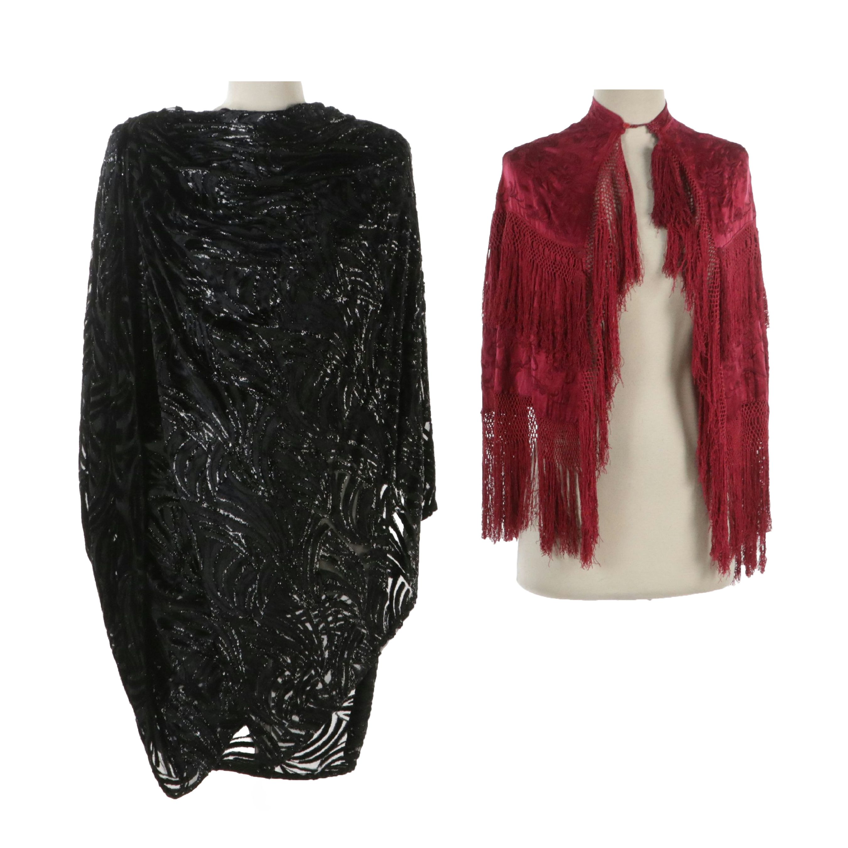 Vintage Embroidered Silk Fringe Shawl, Draped Zebra Velvet Burnout Mini Dress