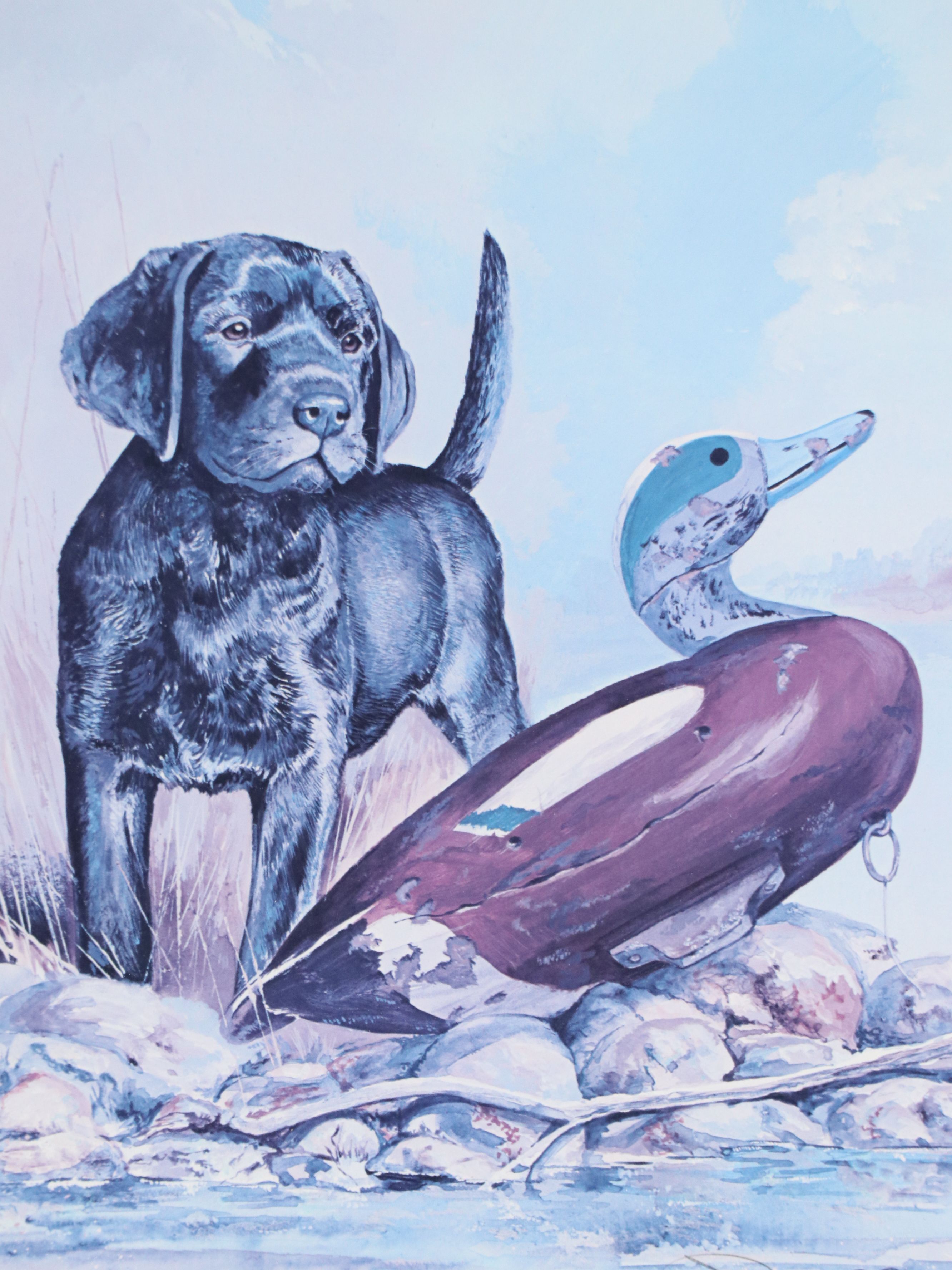 Lou DePaolis Offset Lithograph of Labrador Puppy with Decoy Duck, 1980