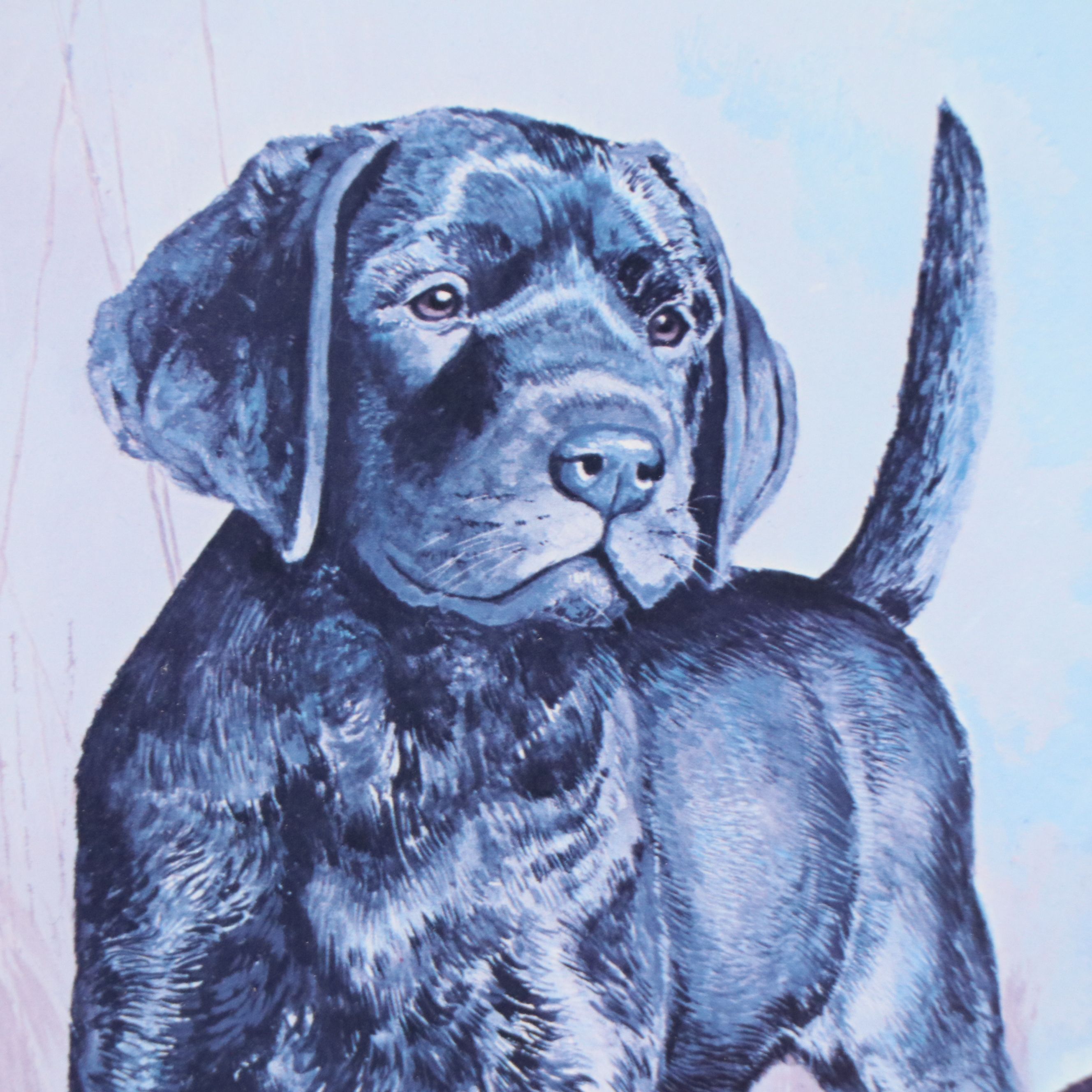 Lou DePaolis Offset Lithograph of Labrador Puppy with Decoy Duck, 1980