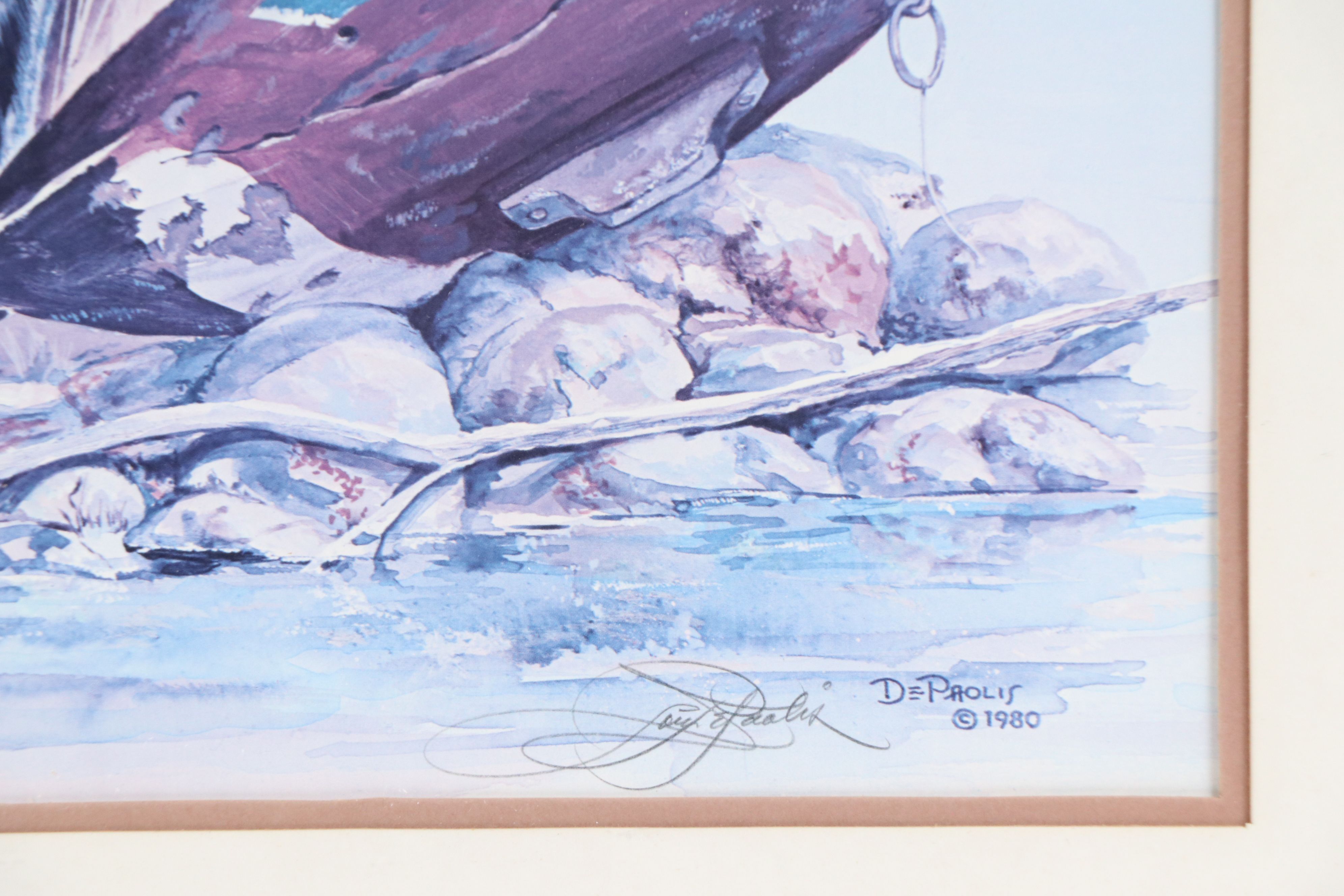 Lou DePaolis Offset Lithograph of Labrador Puppy with Decoy Duck, 1980