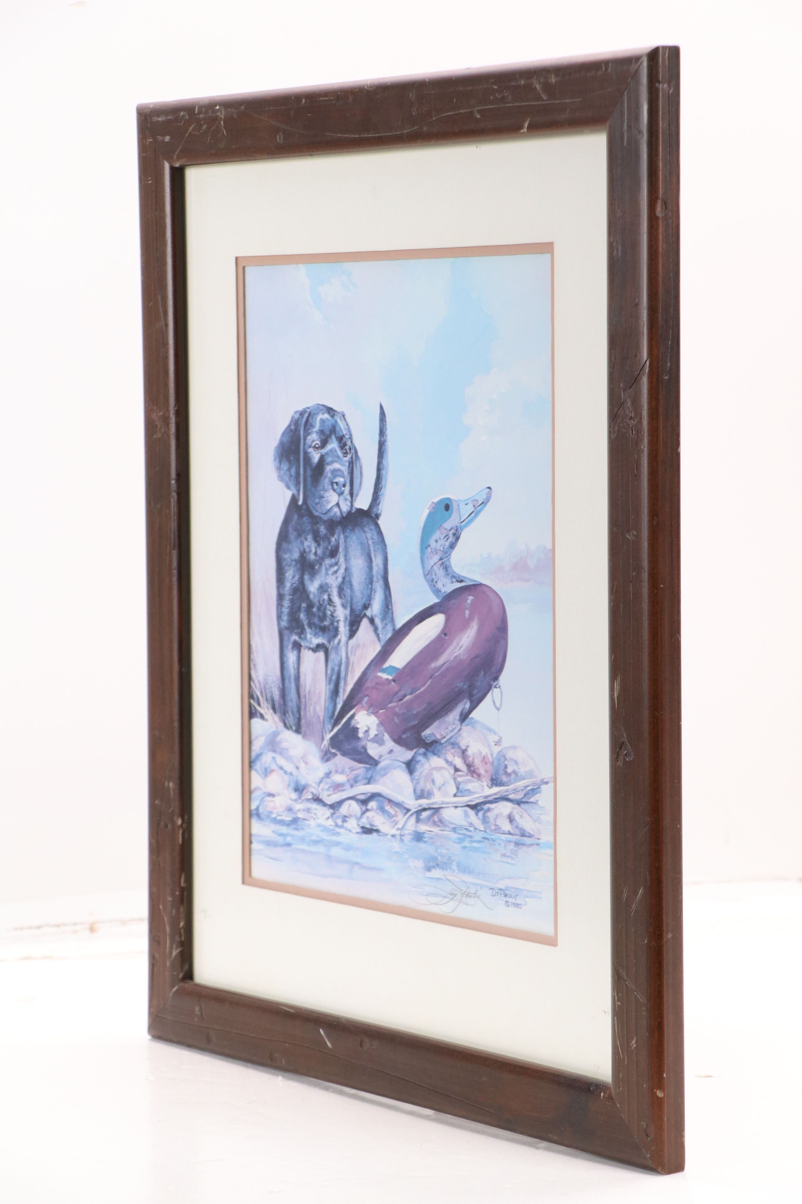 Lou DePaolis Offset Lithograph of Labrador Puppy with Decoy Duck, 1980