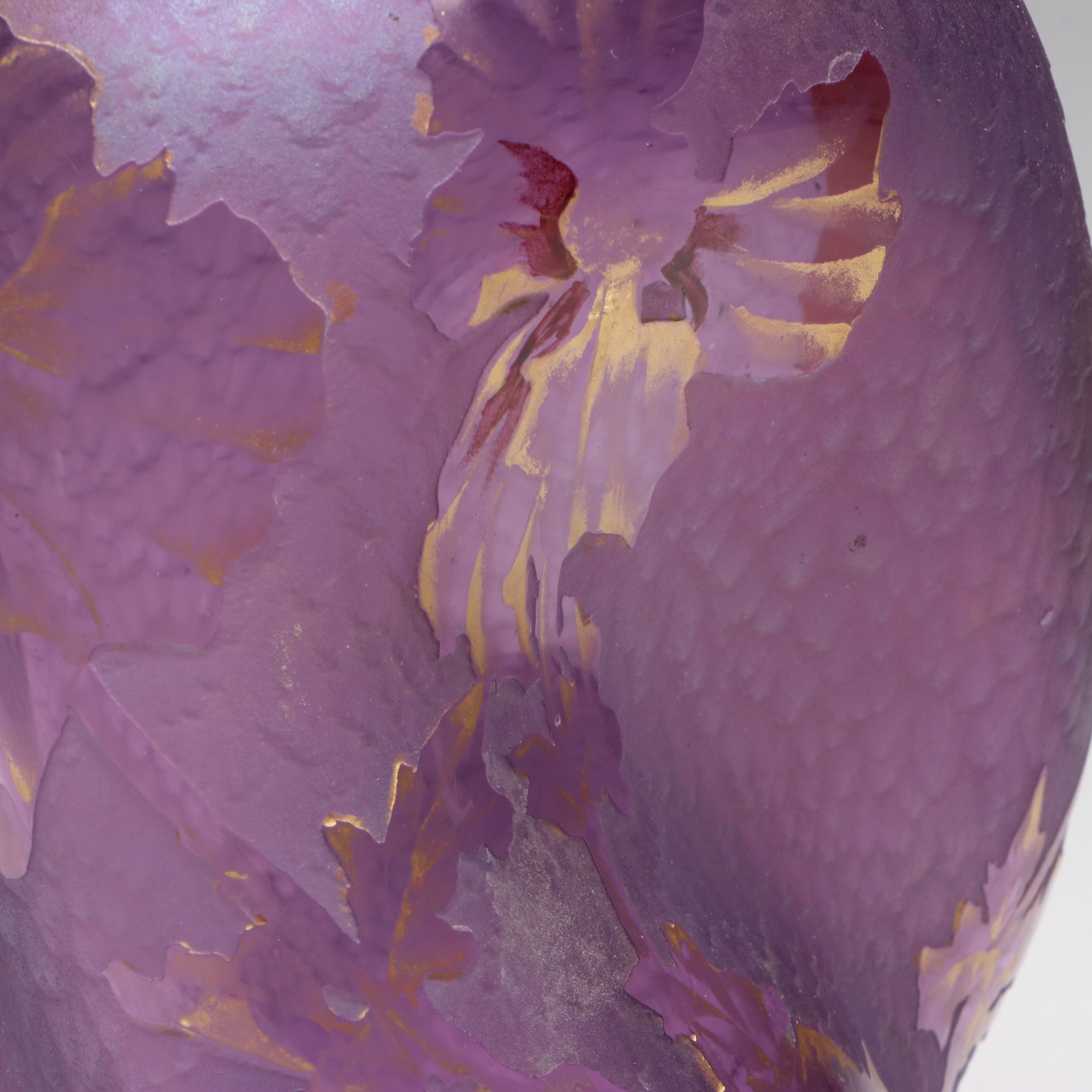 Bohemian Harrach Style Style Purple Acid Cut Glass Vase with Painted Irises