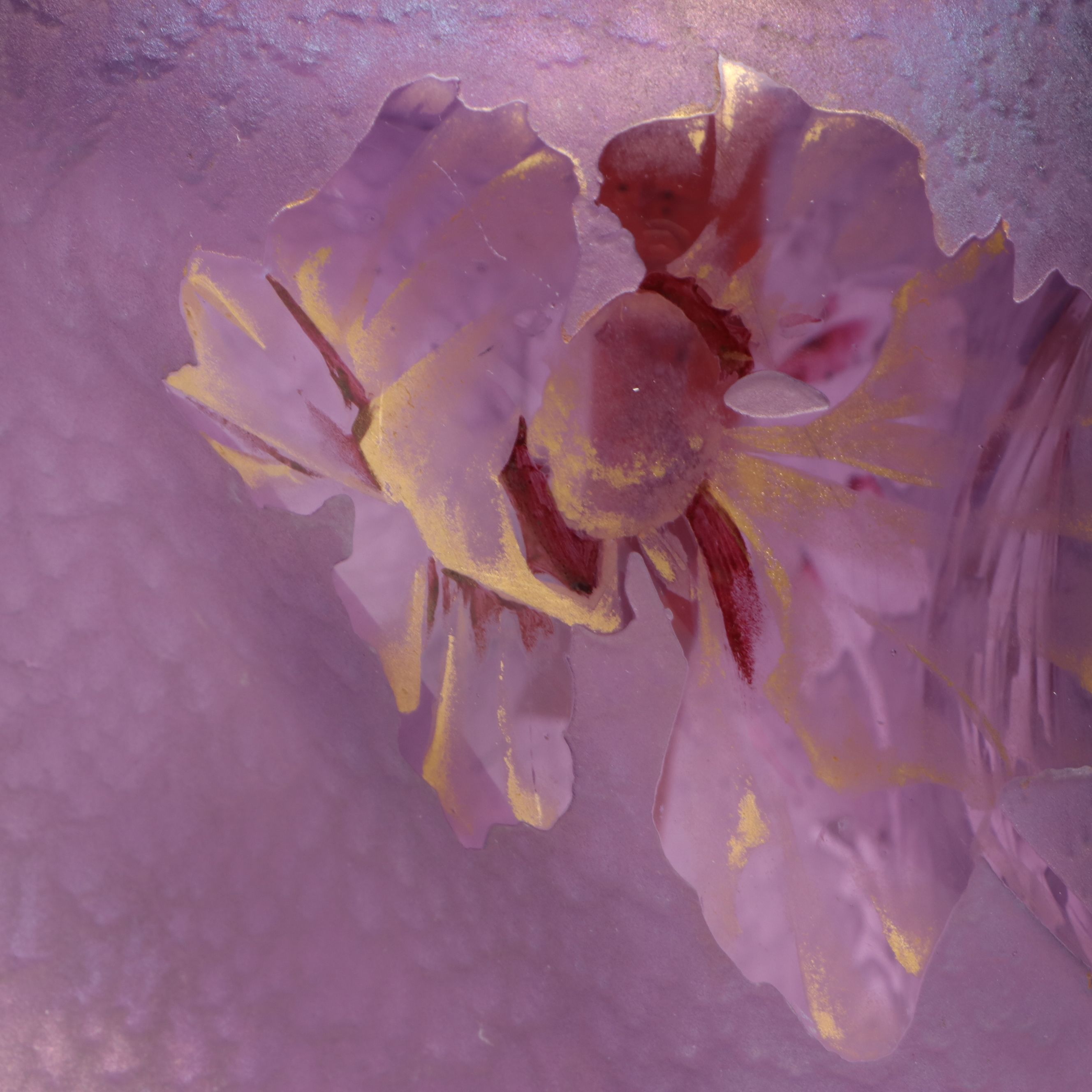 Bohemian Harrach Style Style Purple Acid Cut Glass Vase with Painted Irises