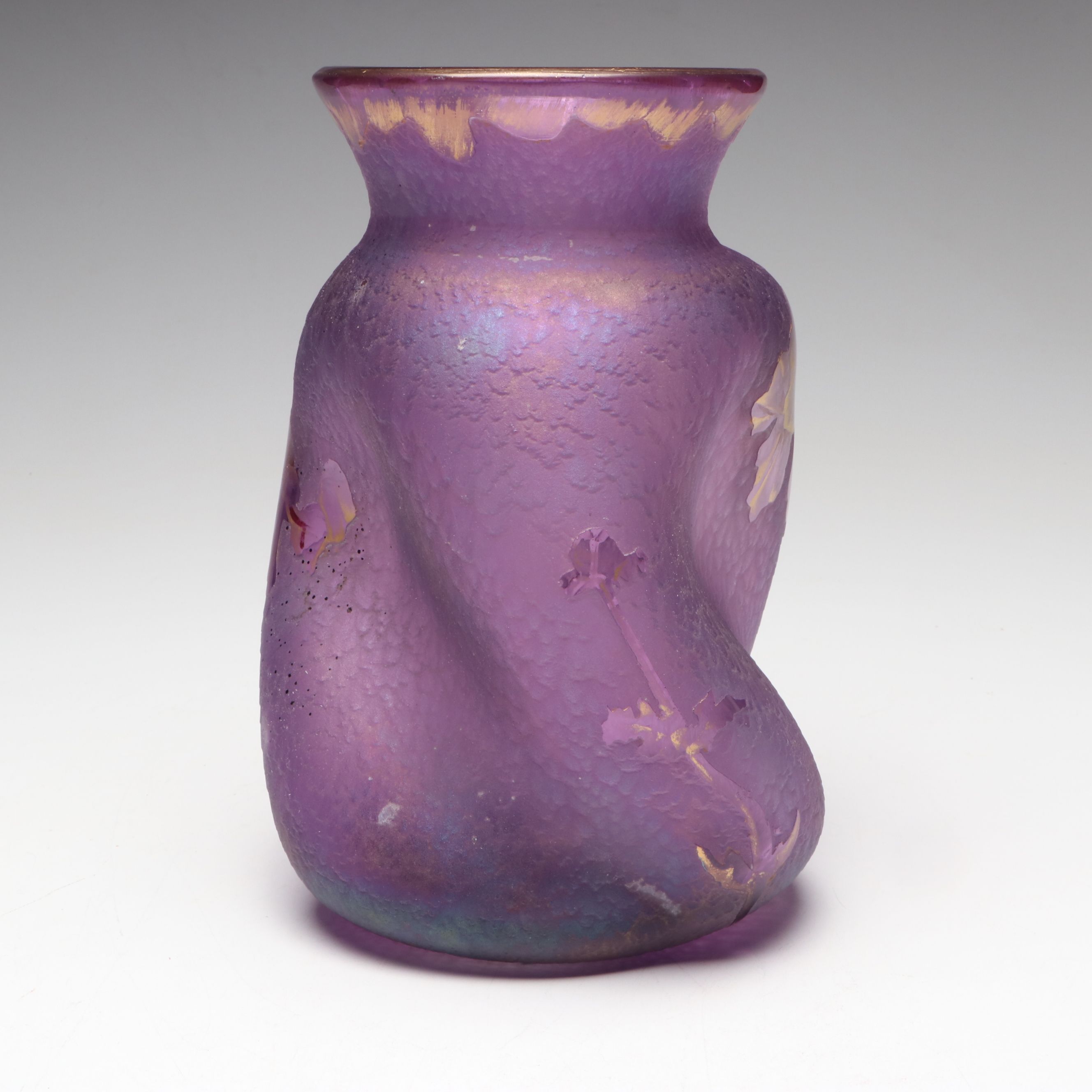 Bohemian Harrach Style Style Purple Acid Cut Glass Vase with Painted Irises