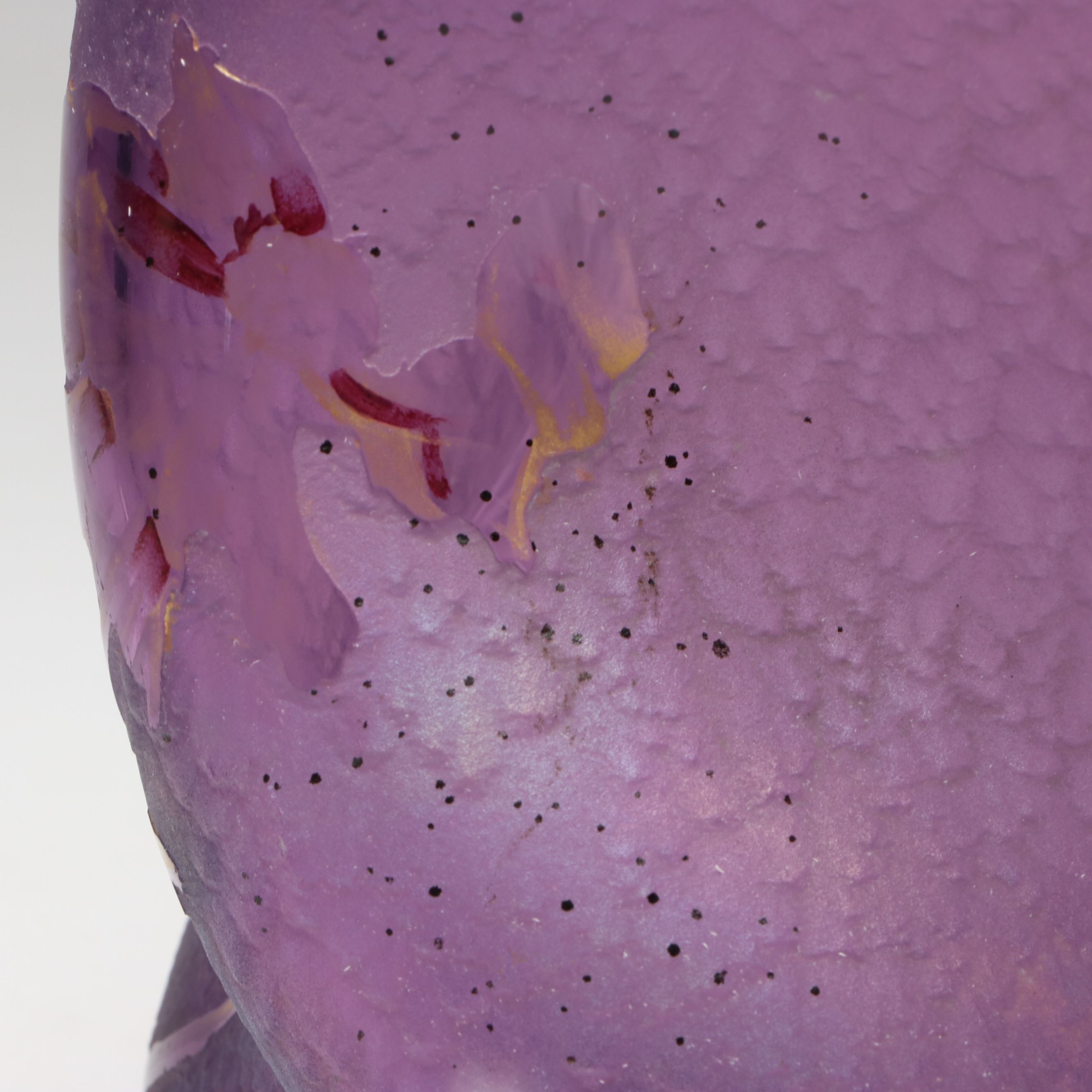 Bohemian Harrach Style Style Purple Acid Cut Glass Vase with Painted Irises