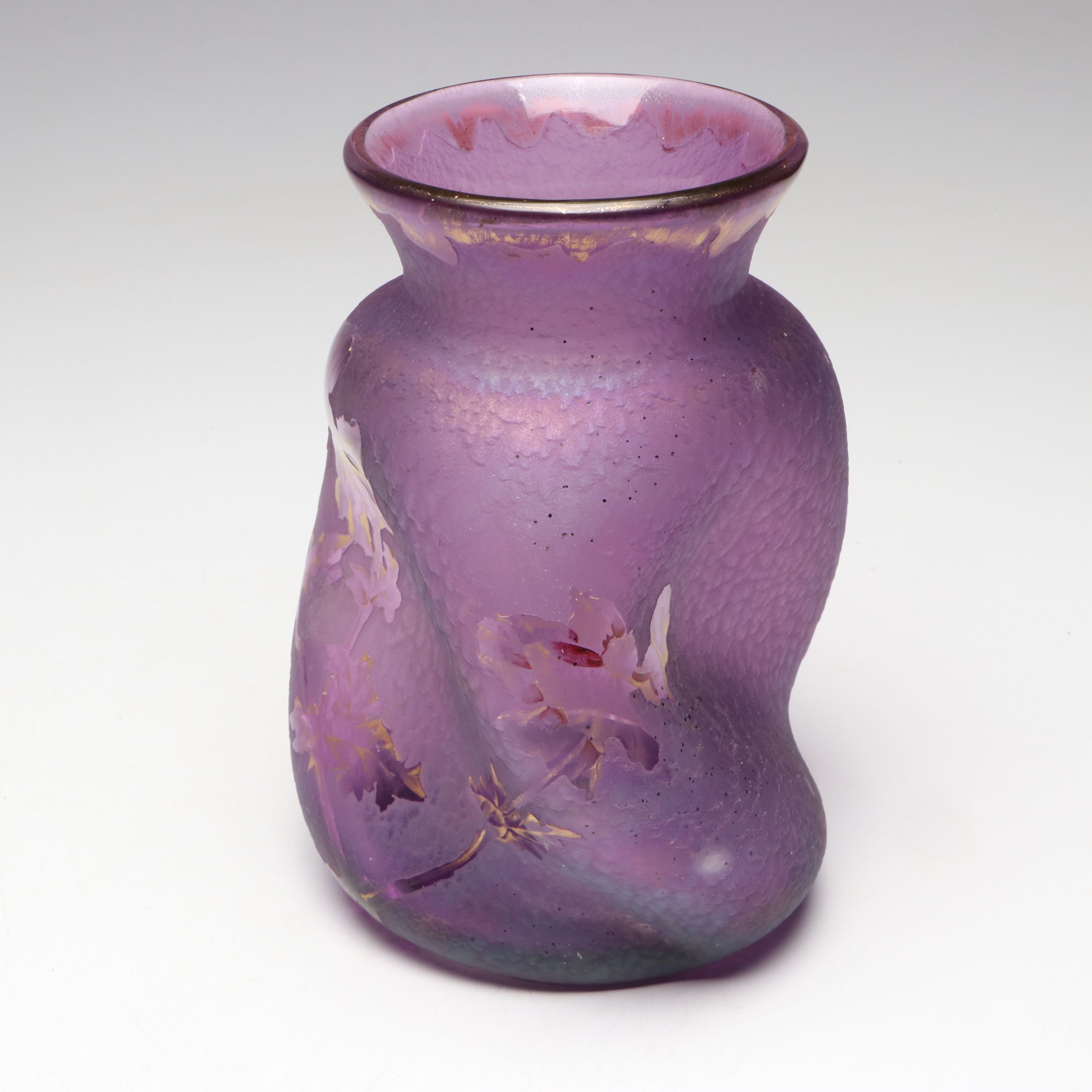 Bohemian Harrach Style Style Purple Acid Cut Glass Vase with Painted Irises