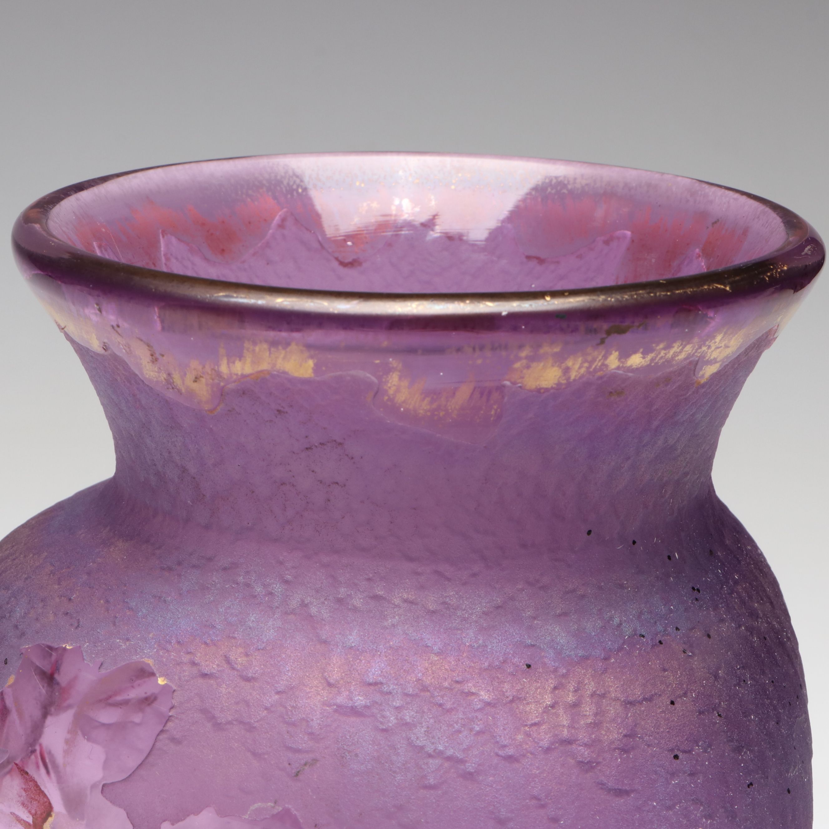 Bohemian Harrach Style Style Purple Acid Cut Glass Vase with Painted Irises