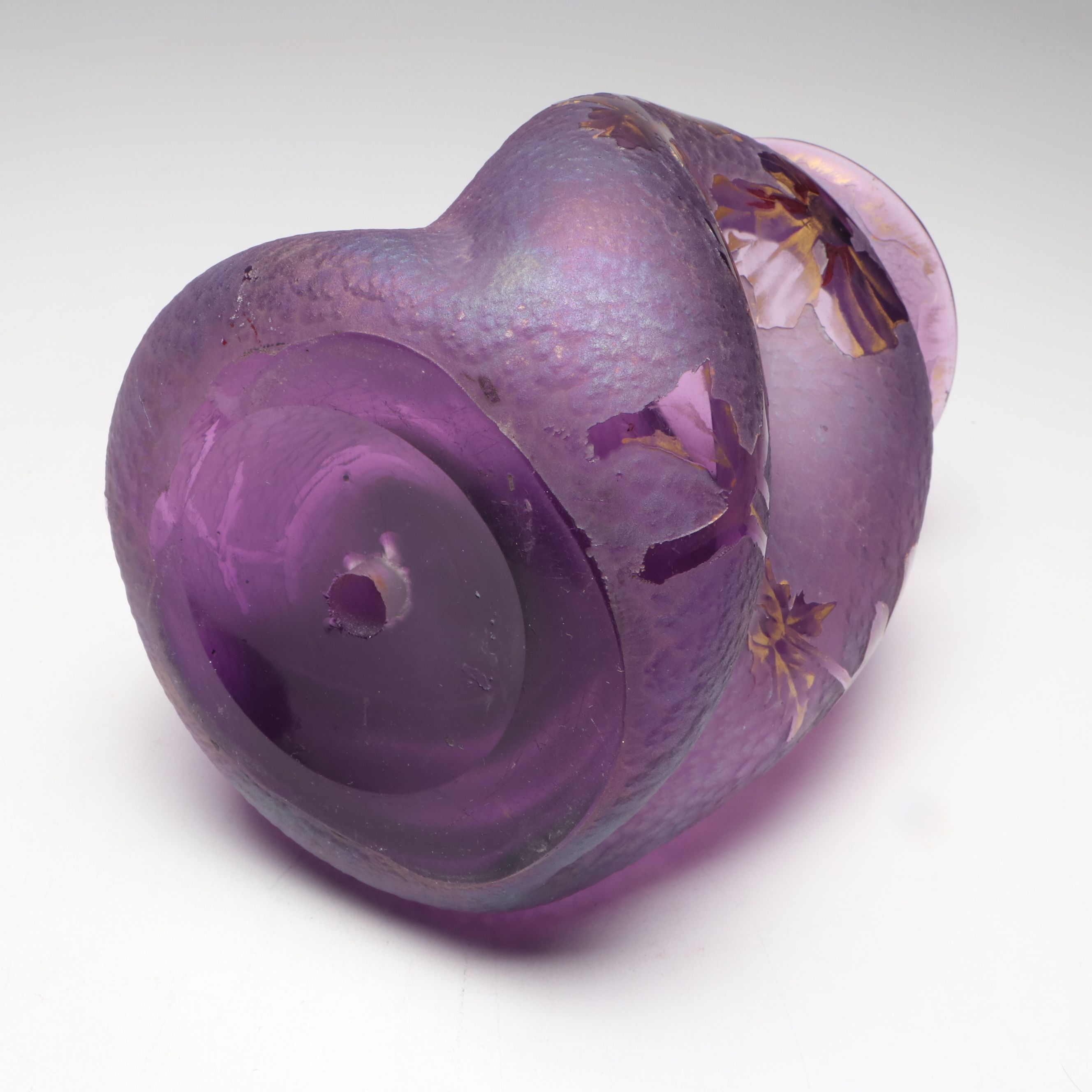 Bohemian Harrach Style Style Purple Acid Cut Glass Vase with Painted Irises