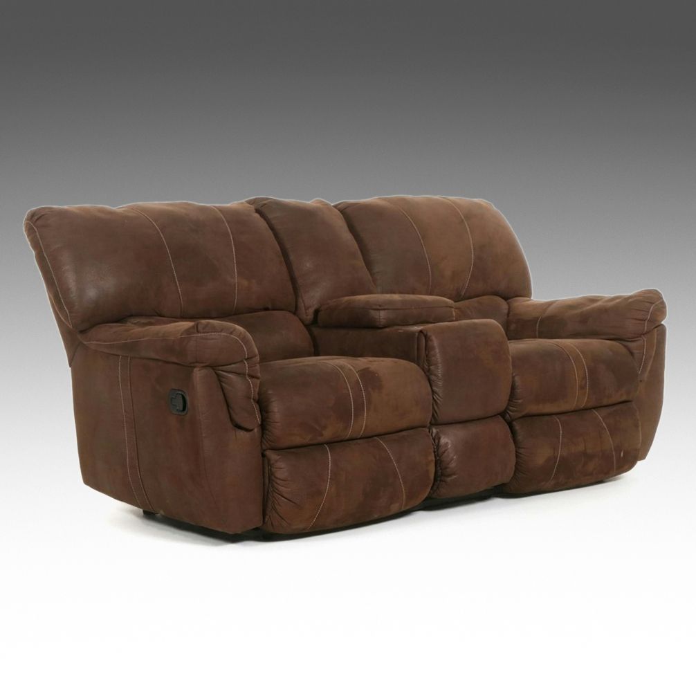 Mocha Suede Leather Dual-Reclining Loveseat with Cup Holders and Storage Console