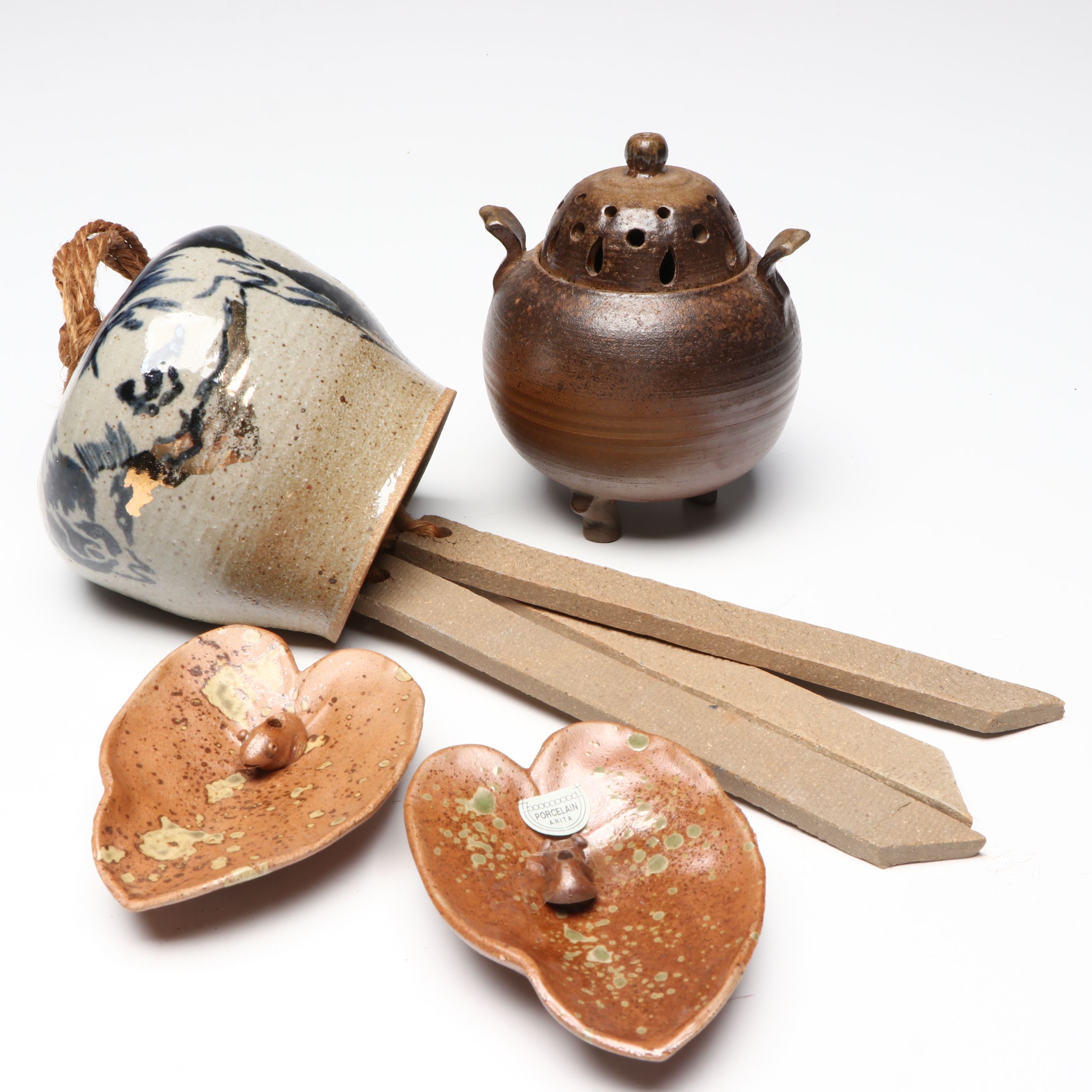 Okugawa Pottery Co. Japanese Ceramic Dishes with Incense Burner and Wind Bell