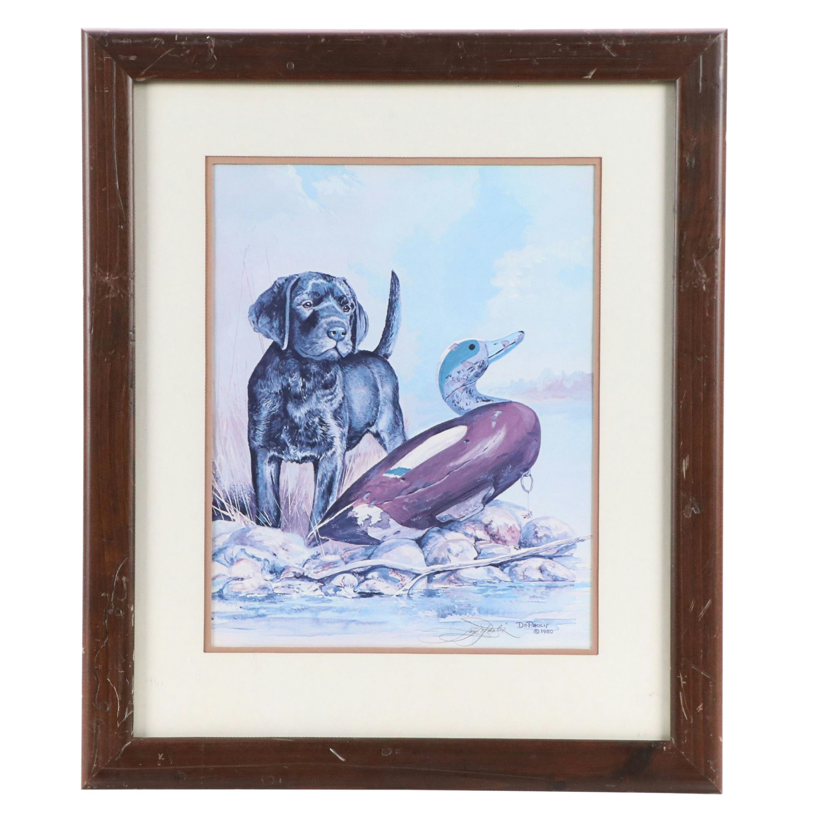 Lou DePaolis Offset Lithograph of Labrador Puppy with Decoy Duck, 1980