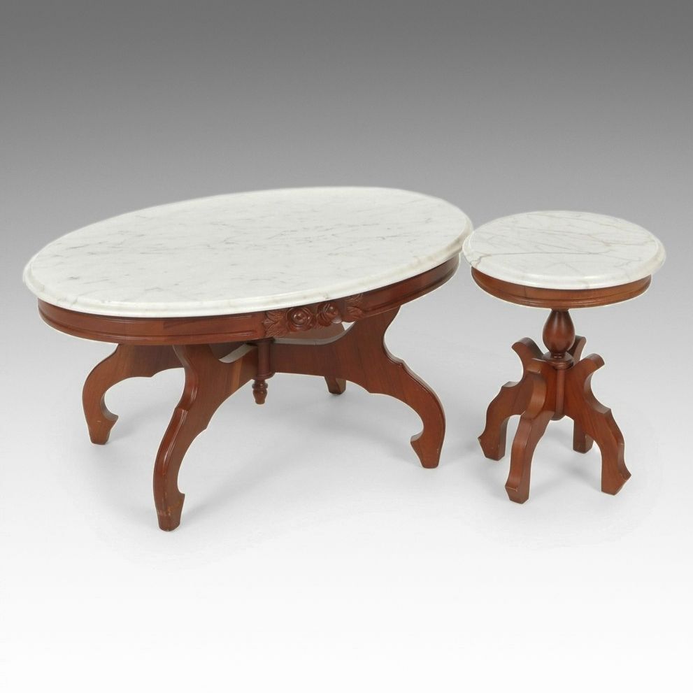 Victorian Parlor Style Marble-Top Coffee Table & Plant Stand