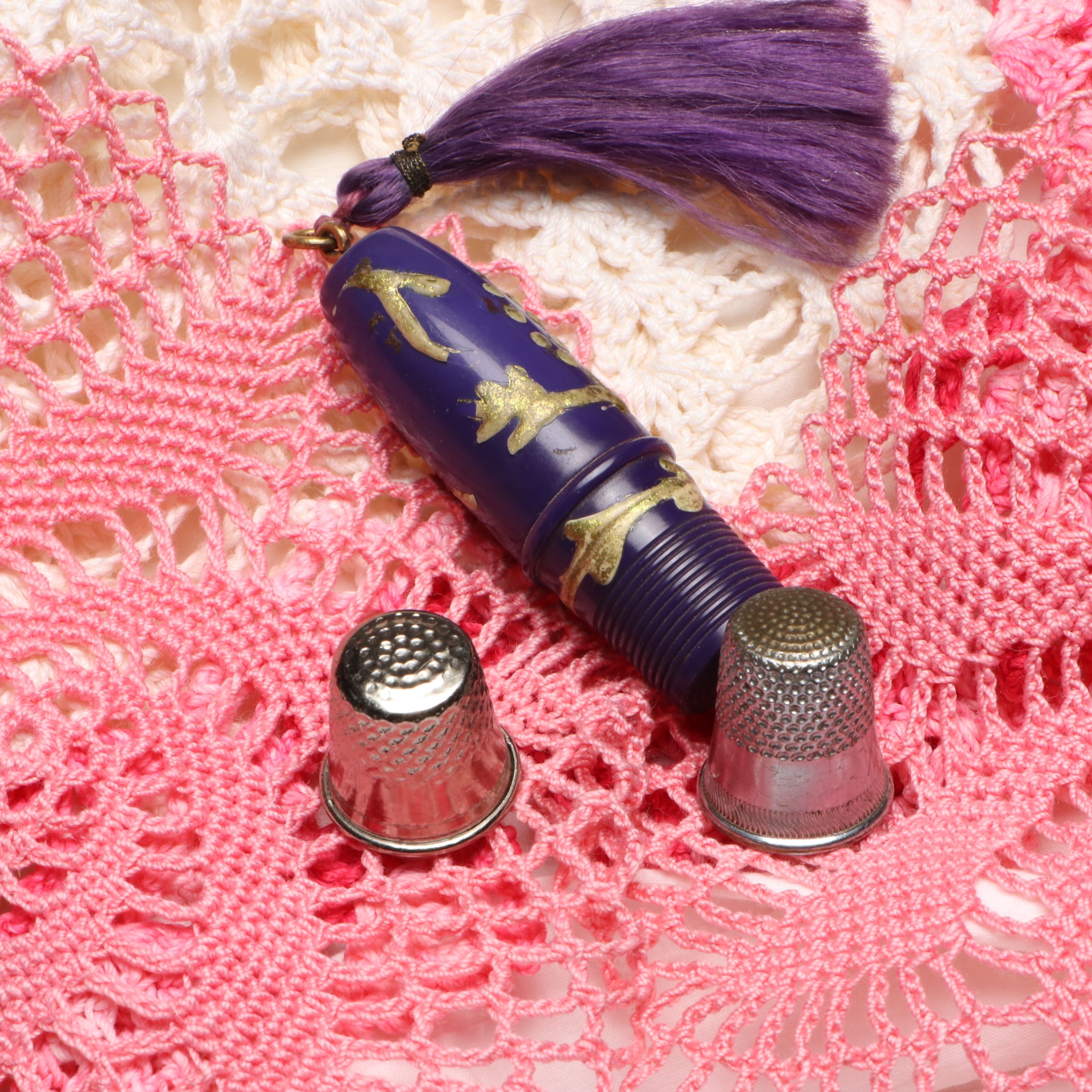 Wood Sewing Rack and Hand-Embroidered Pillowcases with Doilies and Trimmer