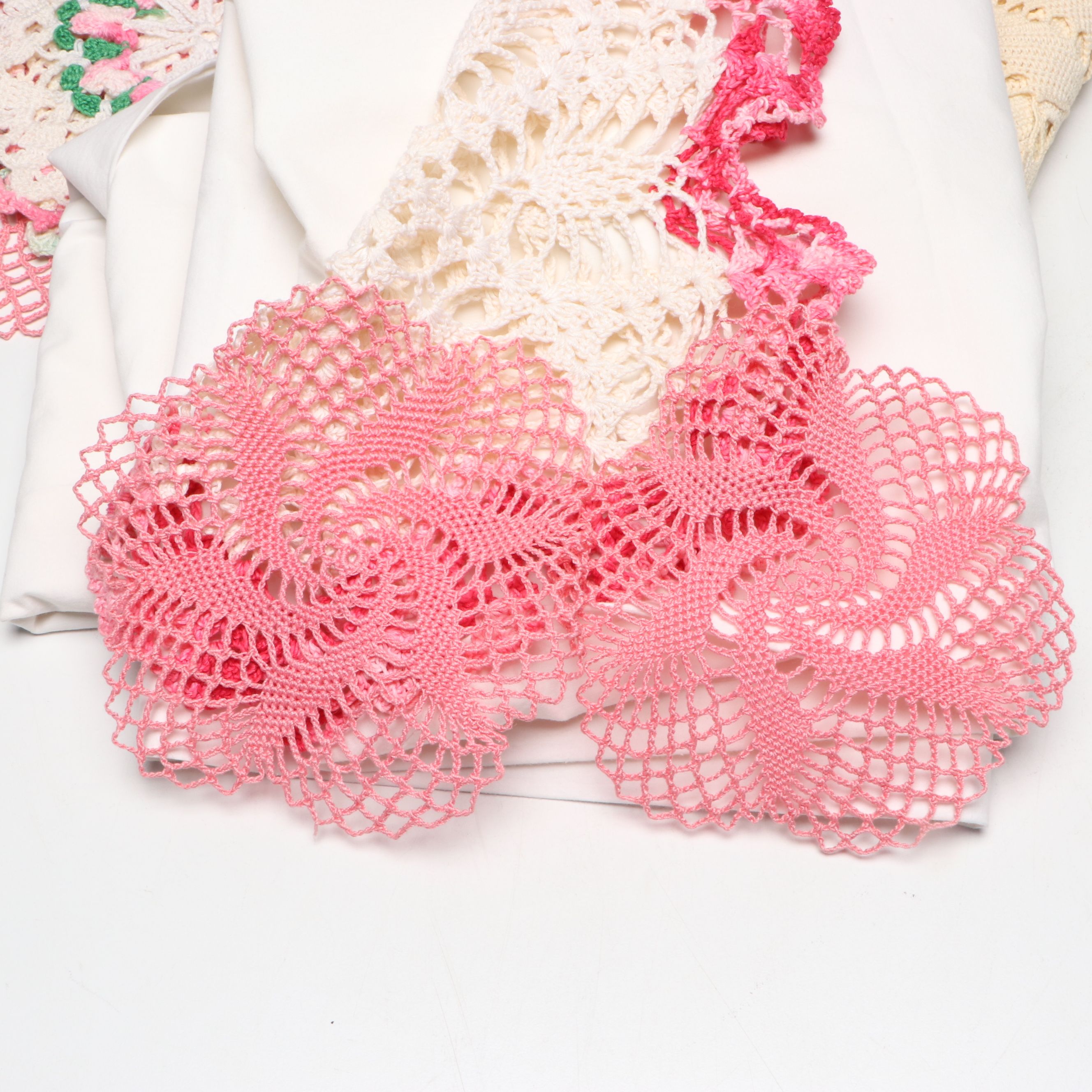 Wood Sewing Rack and Hand-Embroidered Pillowcases with Doilies and Trimmer