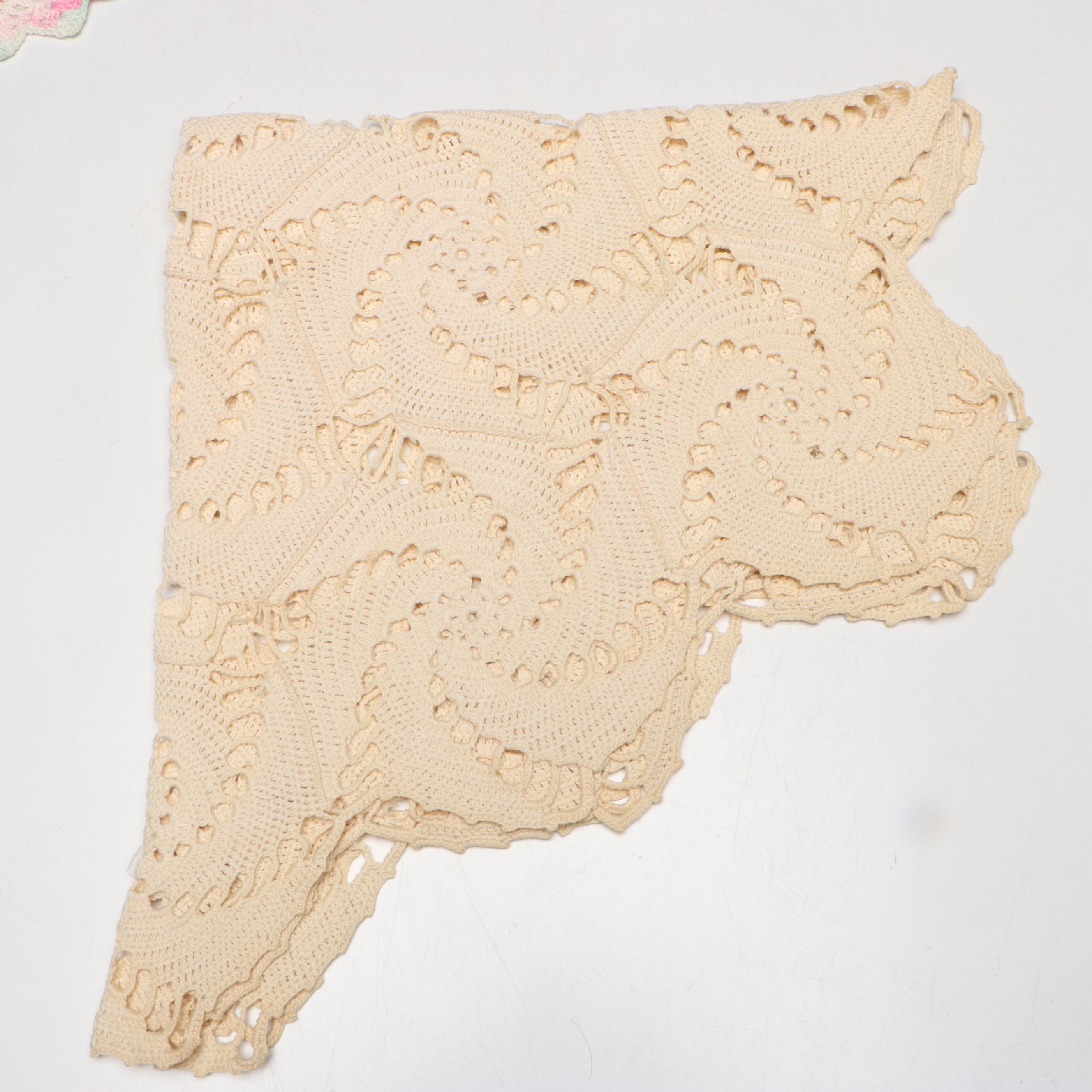 Wood Sewing Rack and Hand-Embroidered Pillowcases with Doilies and Trimmer