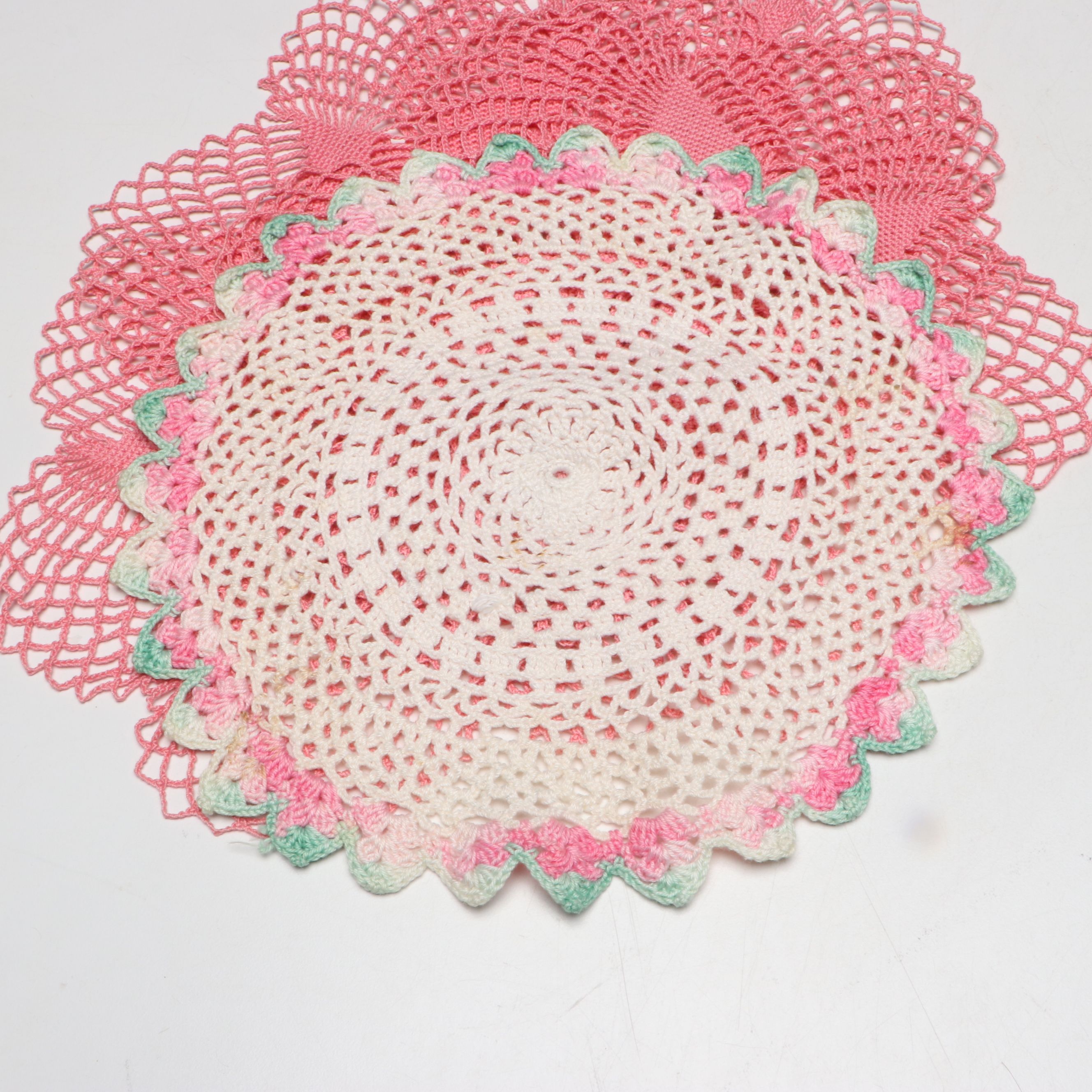 Wood Sewing Rack and Hand-Embroidered Pillowcases with Doilies and Trimmer