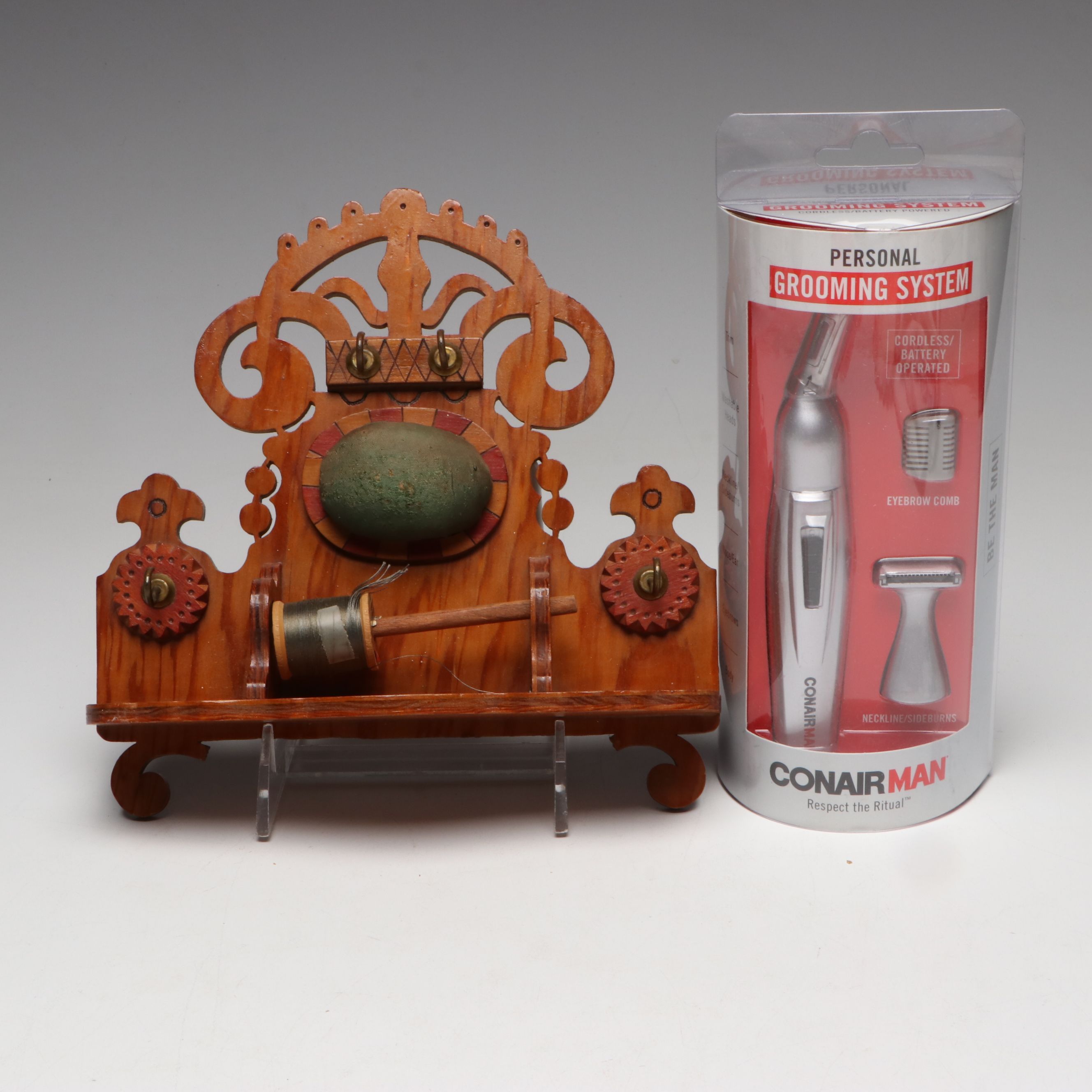 Wood Sewing Rack and Hand-Embroidered Pillowcases with Doilies and Trimmer