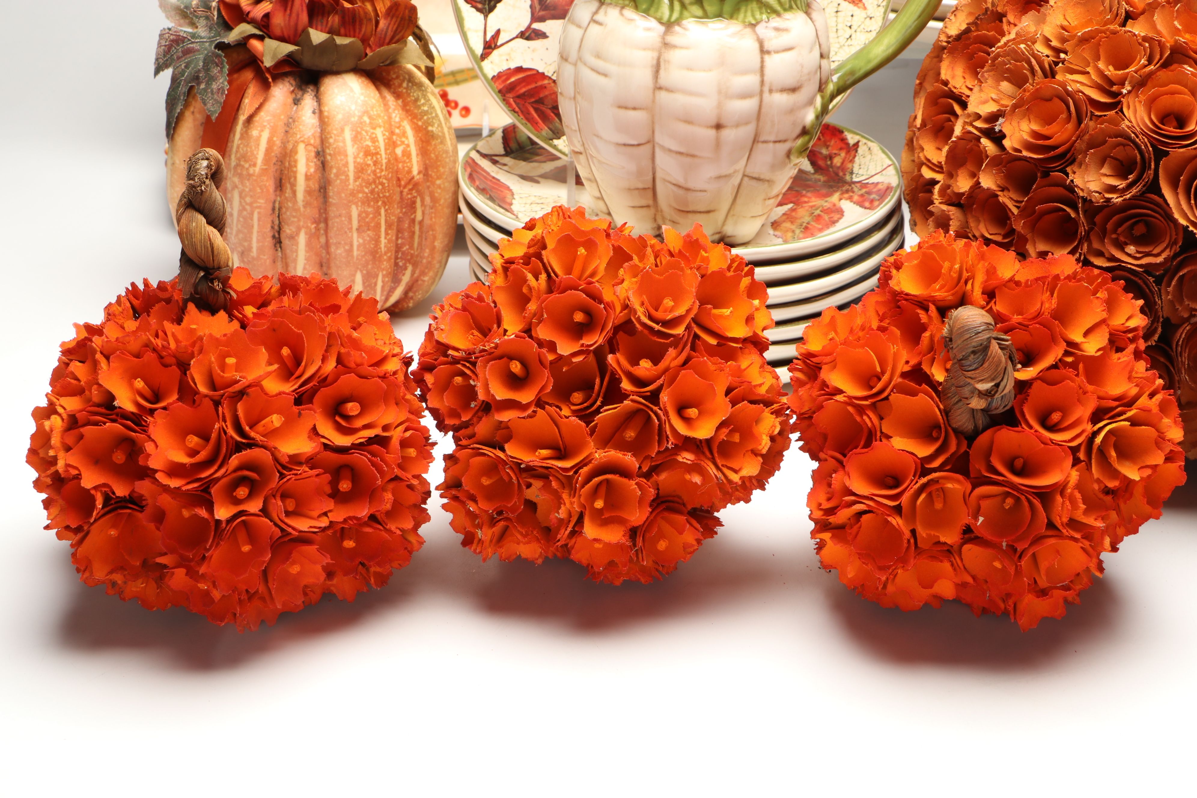 Decorative Pumpkins with Autumnal Transferware Plates