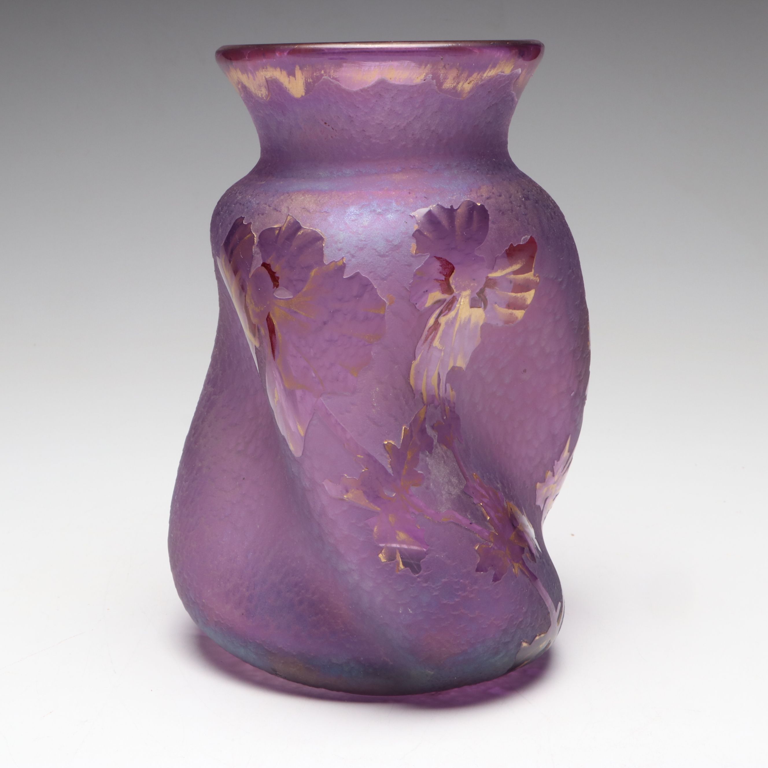 Bohemian Harrach Style Style Purple Acid Cut Glass Vase with Painted Irises