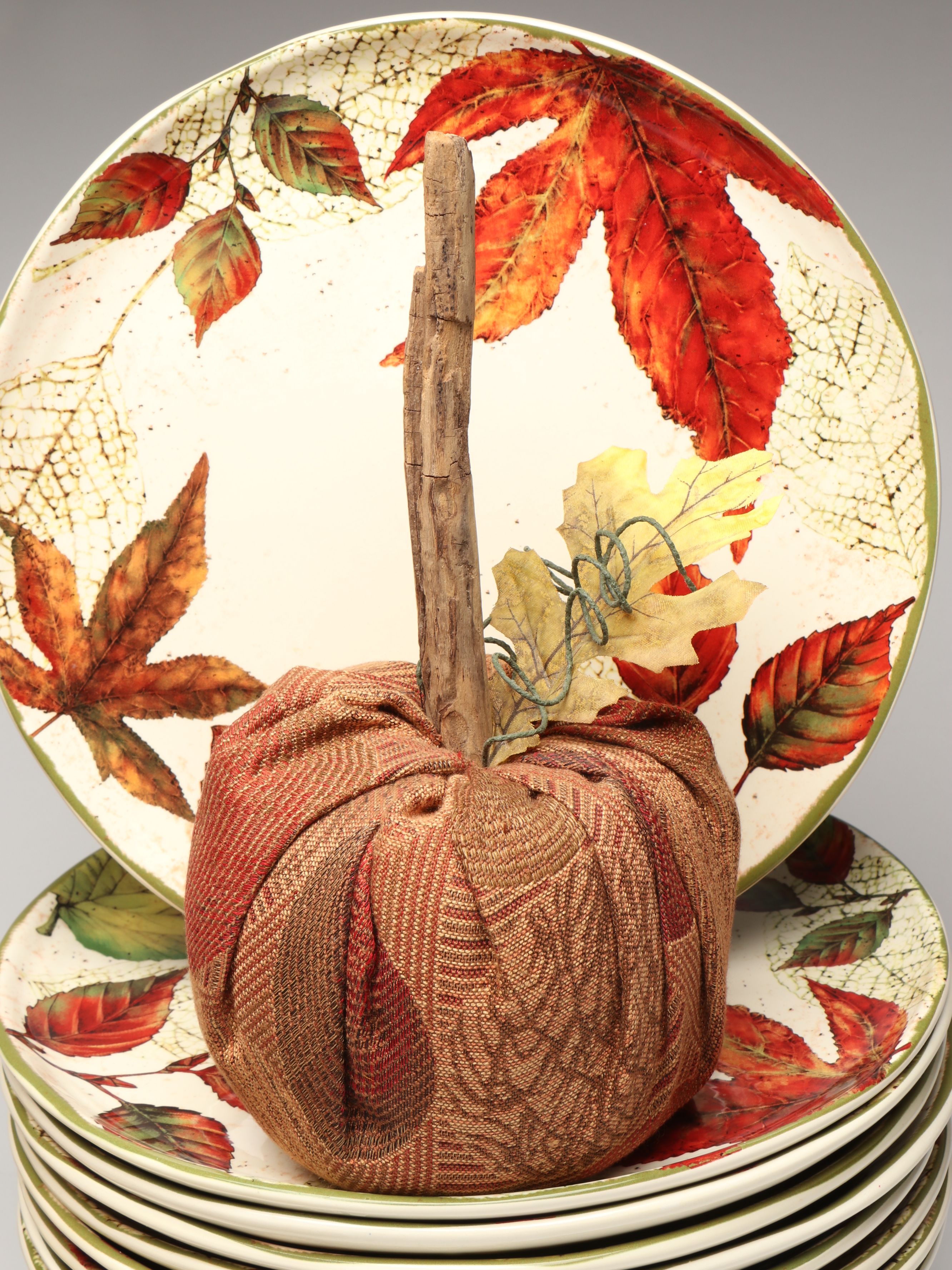 Decorative Pumpkins with Autumnal Transferware Plates