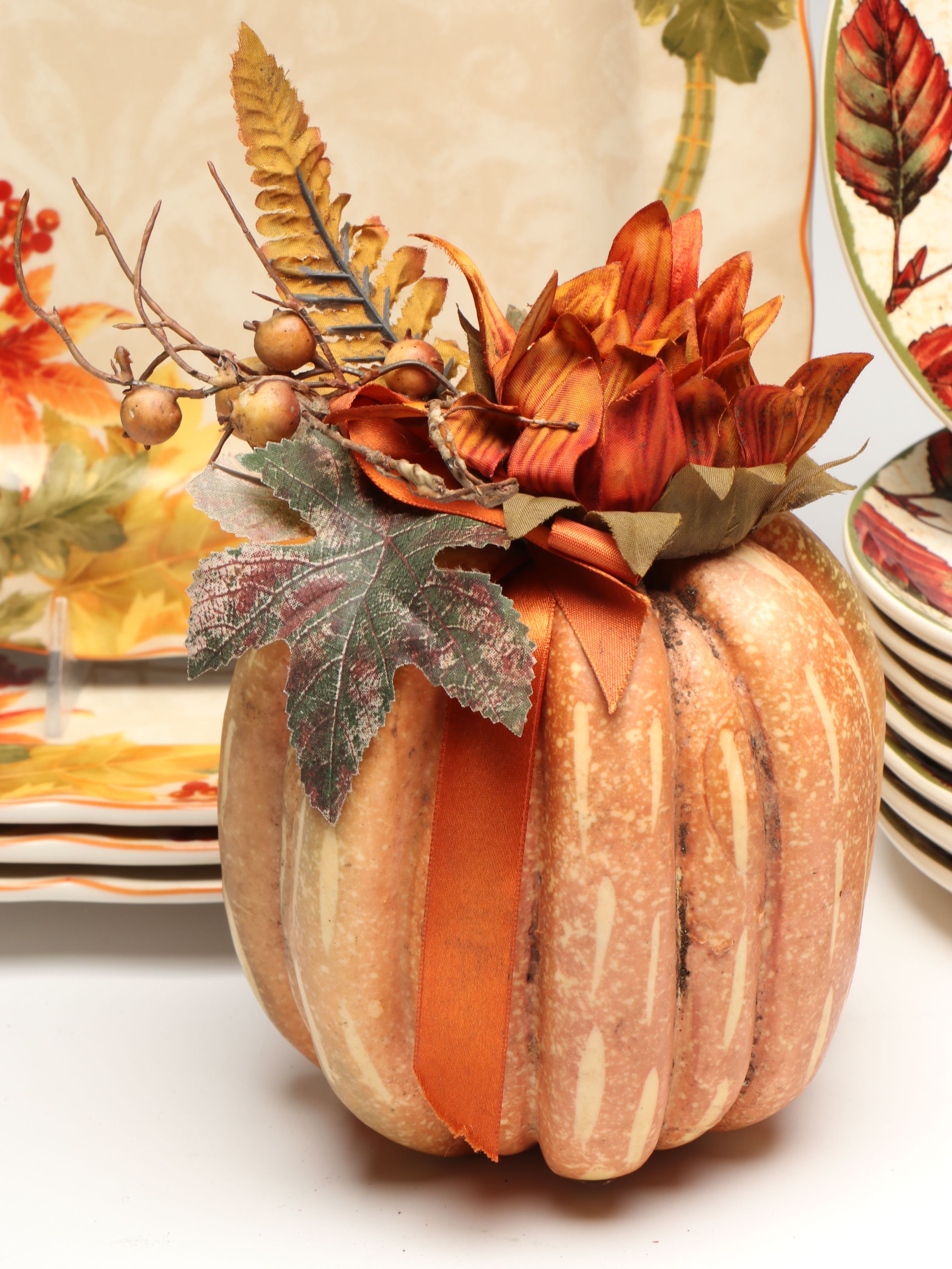 Decorative Pumpkins with Autumnal Transferware Plates