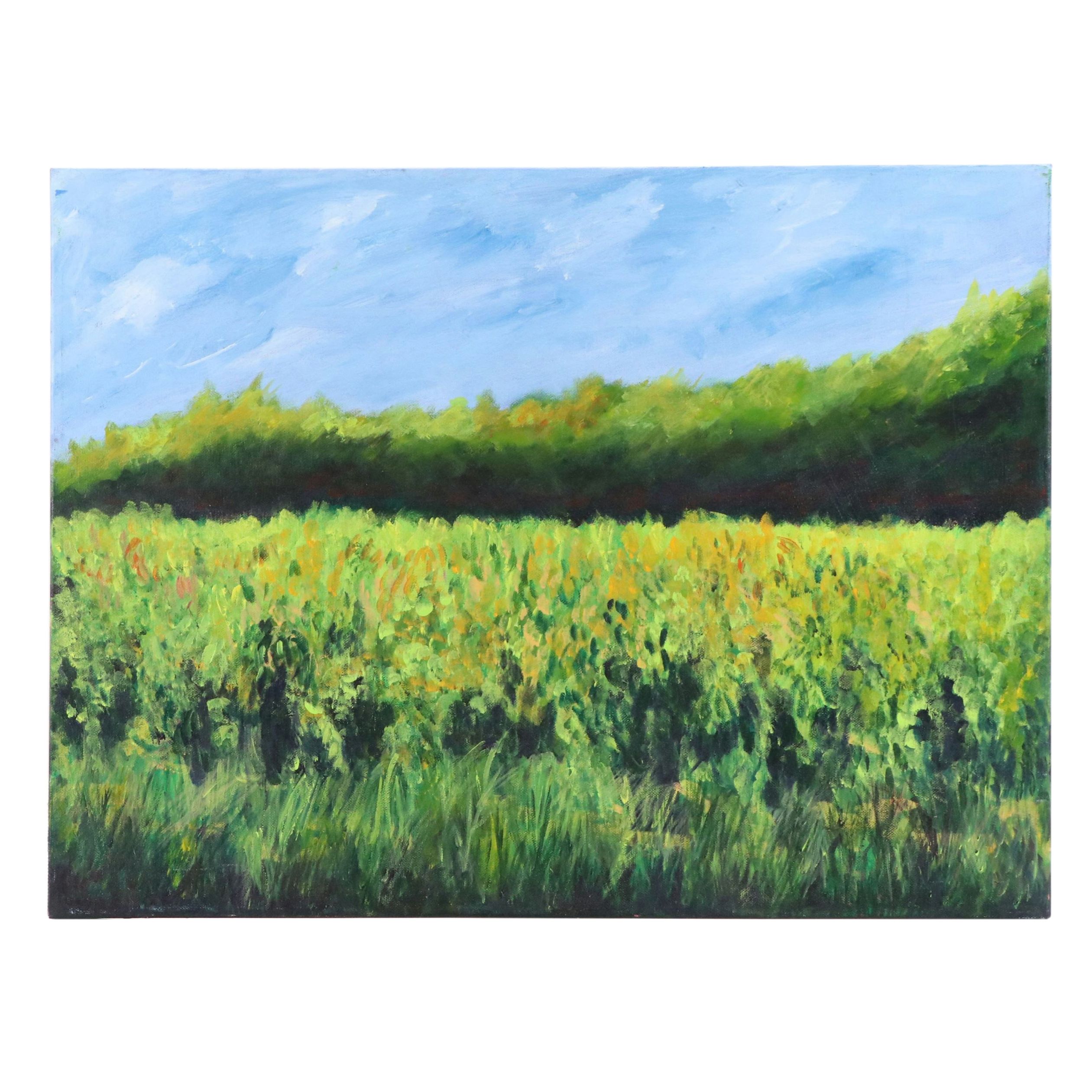 Impressionistic Oil Painting of Green Field, Late 20th Century