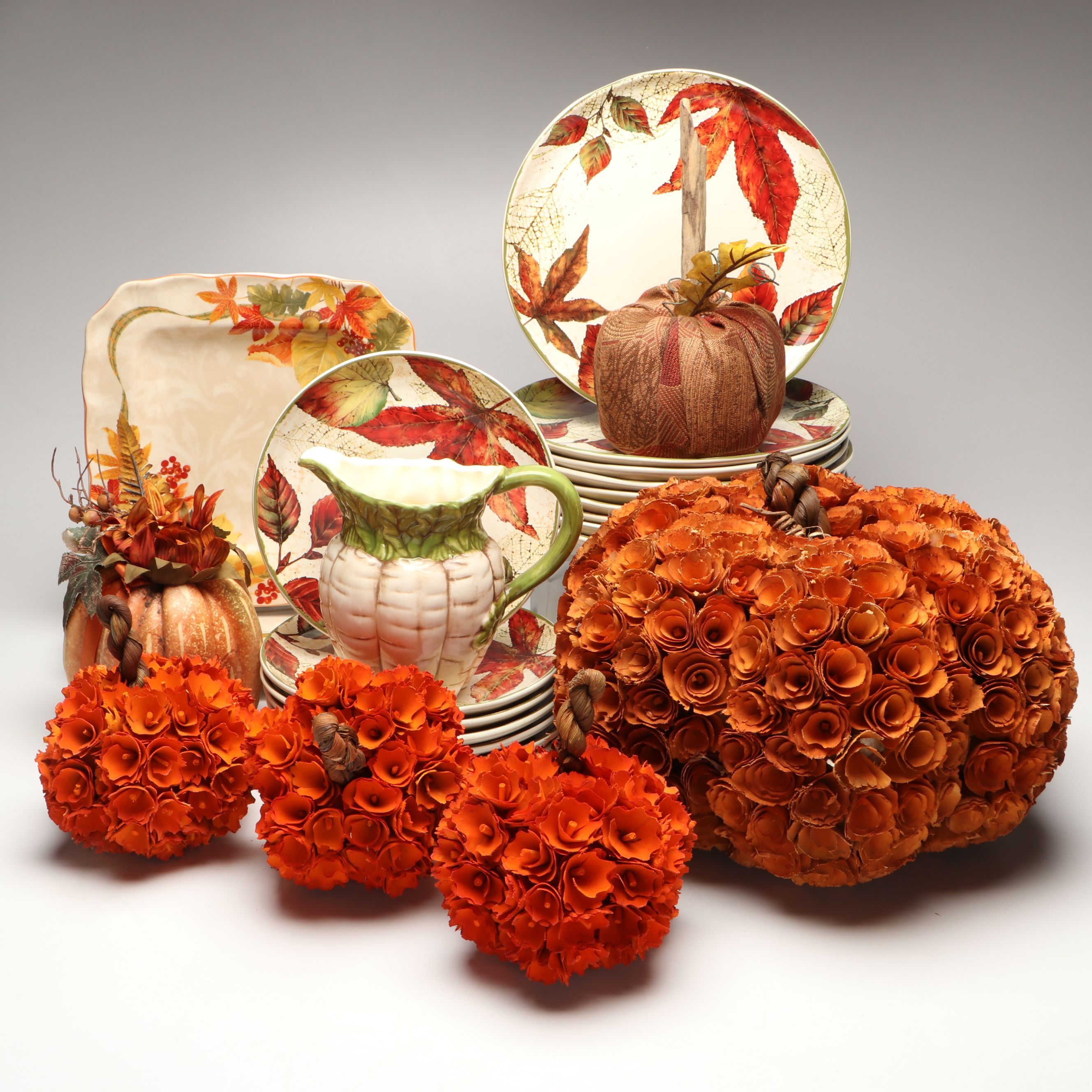 Decorative Pumpkins with Autumnal Transferware Plates