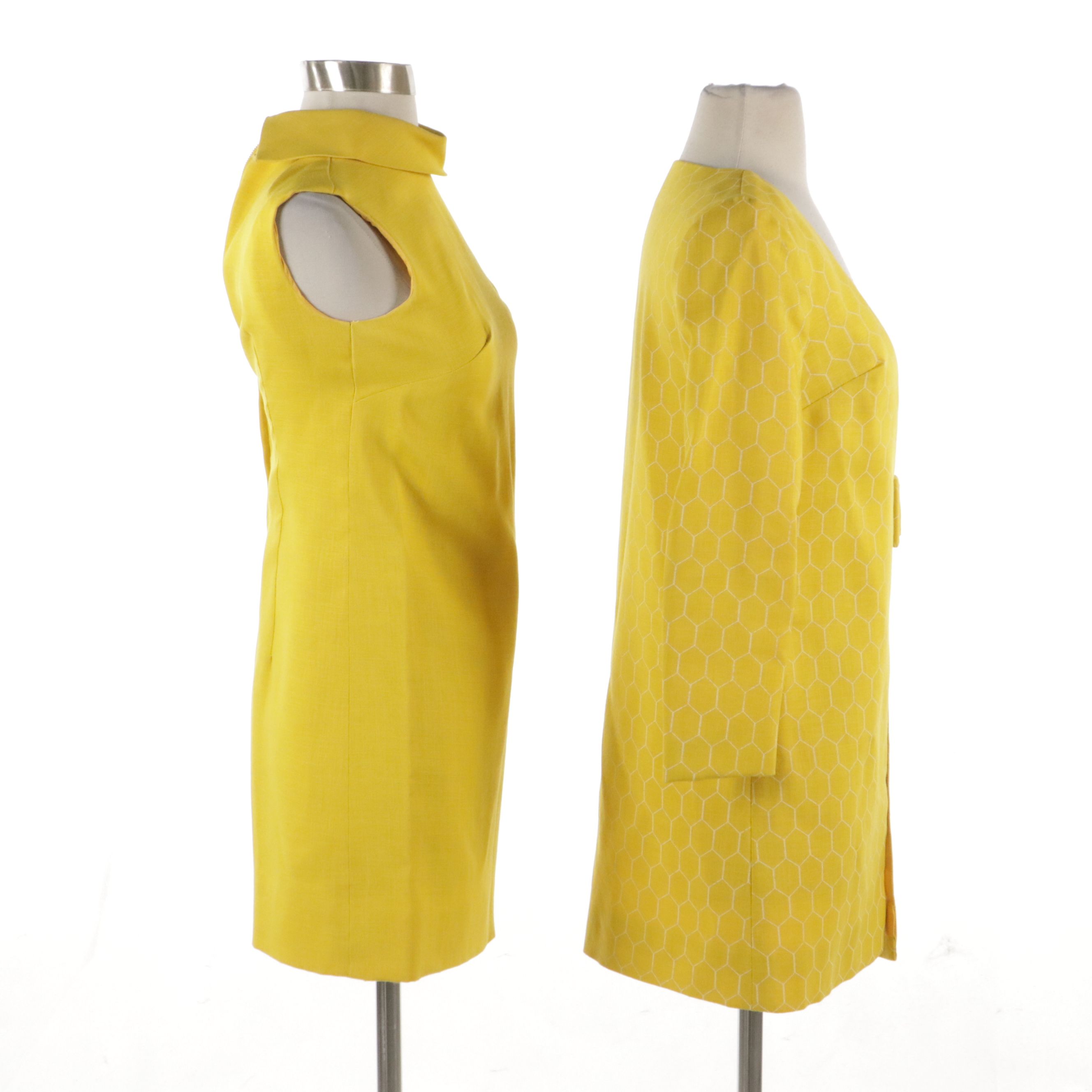 Mock Turtleneck Sleeveless Sheath Dress with Coordinating Coat in Linen, 1960s