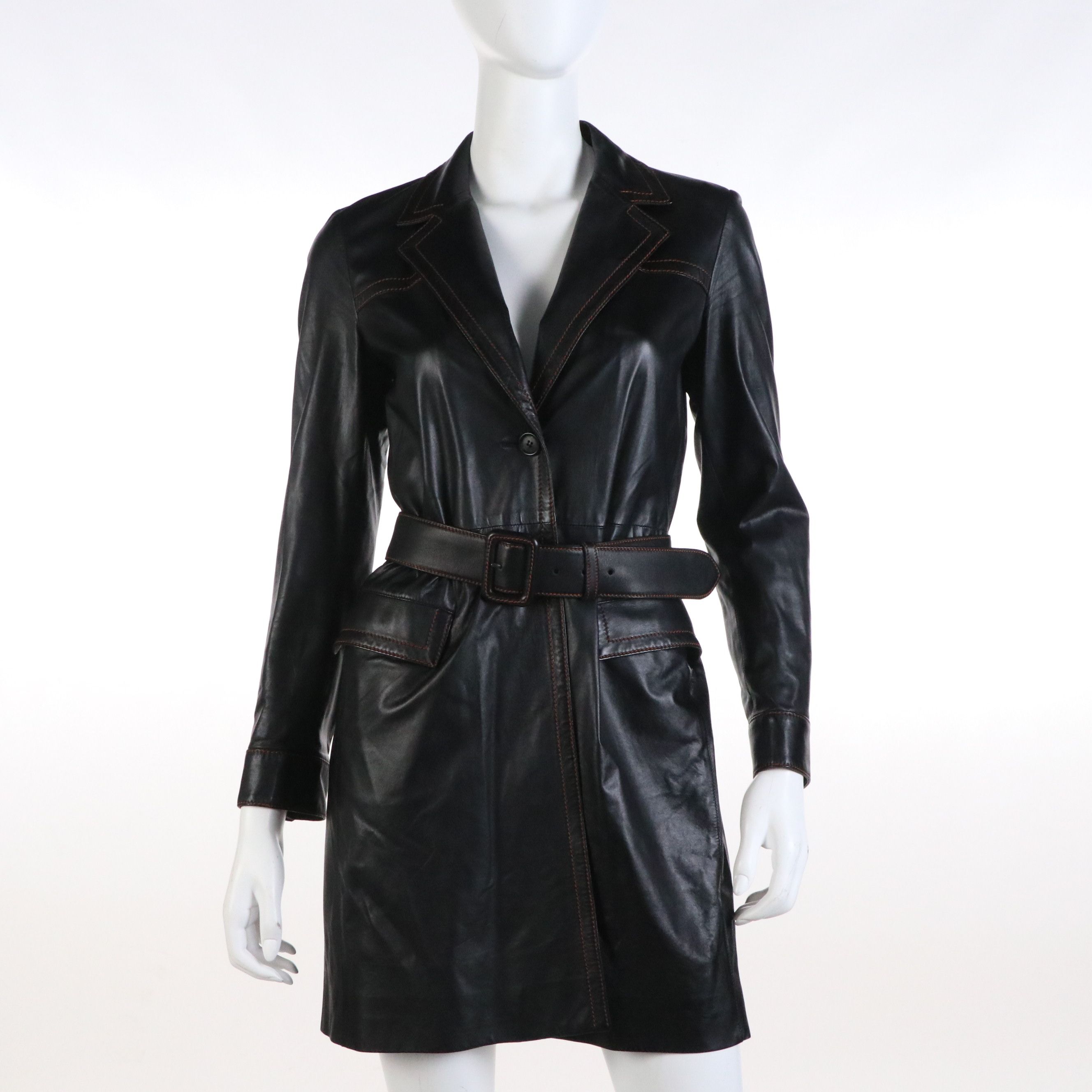 Prada Belted Lambskin Leather Coat with Contrast-Stitching
