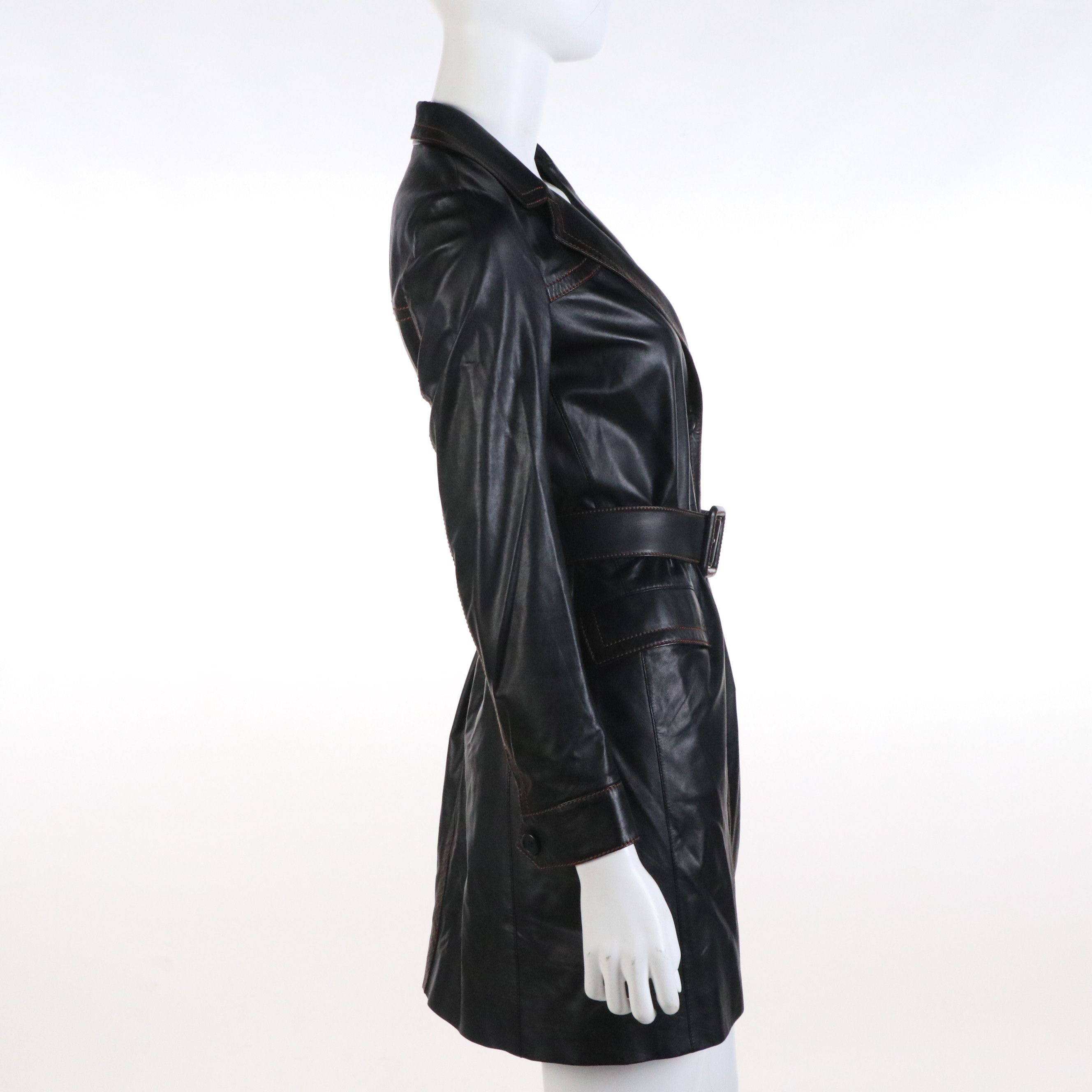 Prada Belted Lambskin Leather Coat with Contrast-Stitching