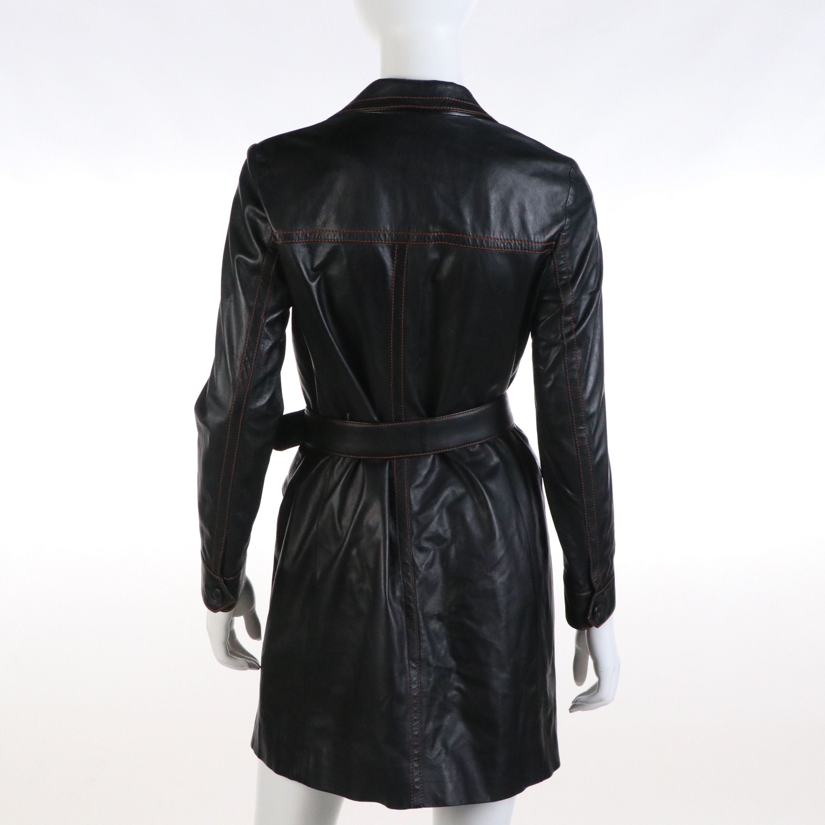 Prada Belted Lambskin Leather Coat with Contrast-Stitching
