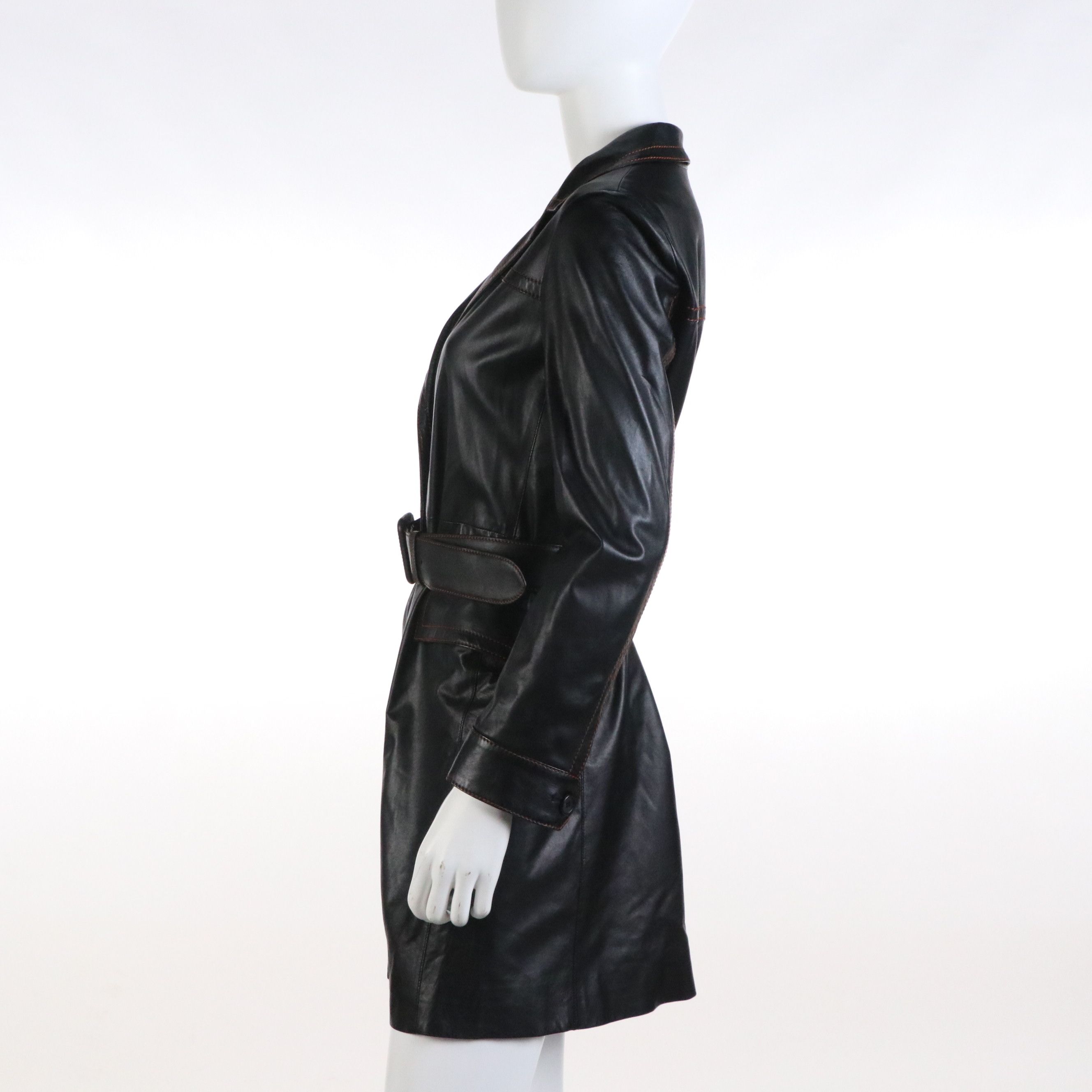 Prada Belted Lambskin Leather Coat with Contrast-Stitching