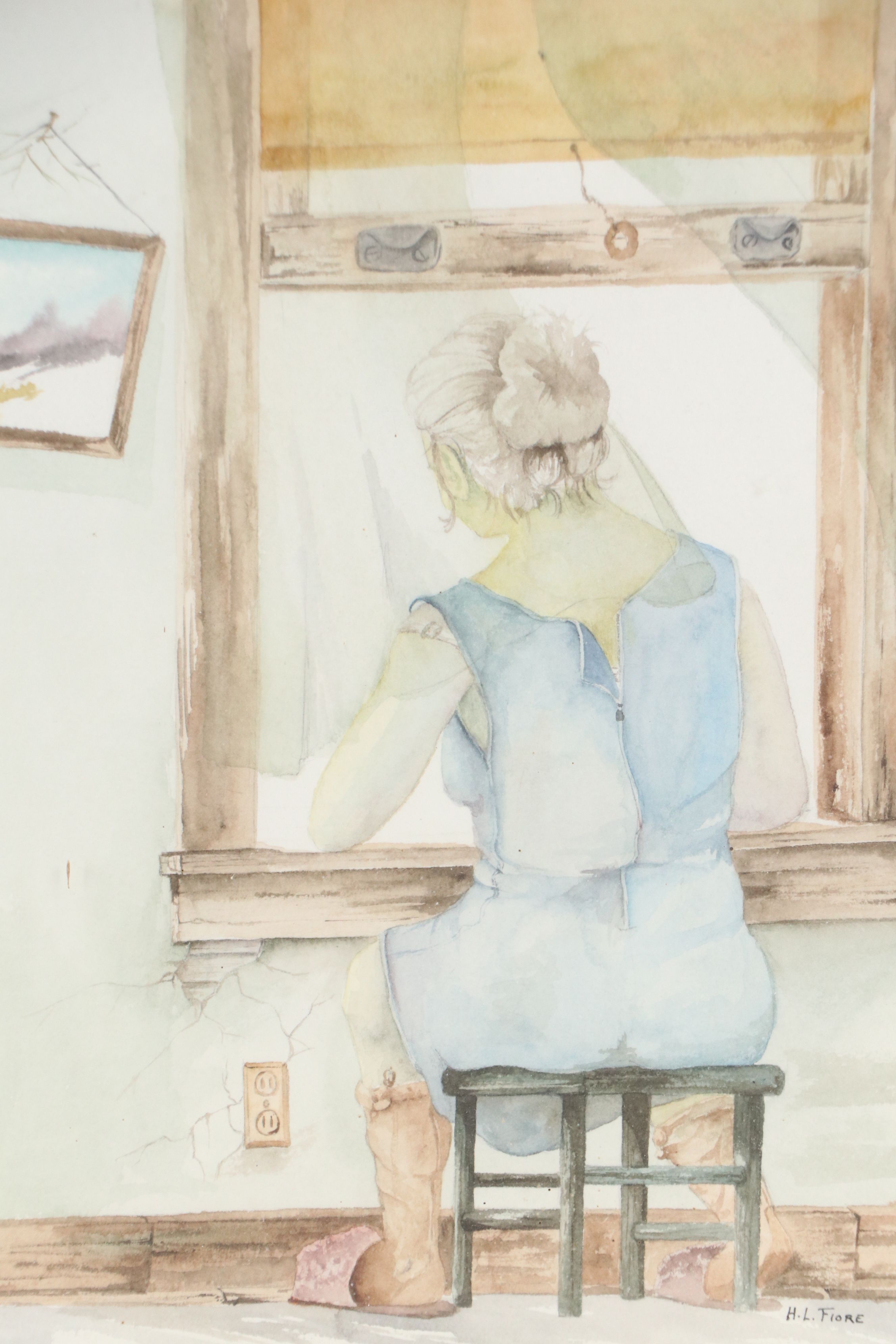 Henry L. Fiore Watercolor Painting of Woman at Window, Mid to Late 20th Century