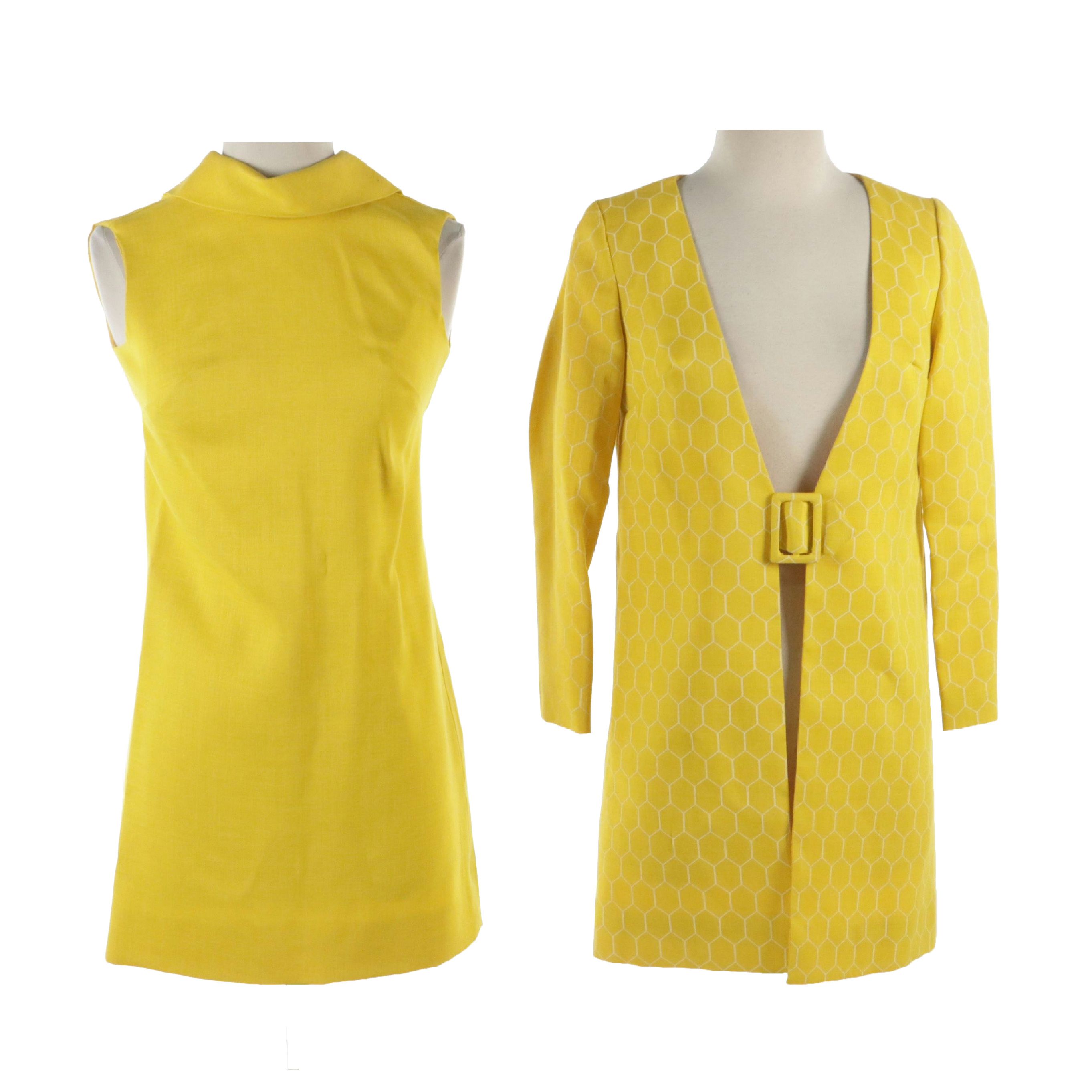 Mock Turtleneck Sleeveless Sheath Dress with Coordinating Coat in Linen, 1960s