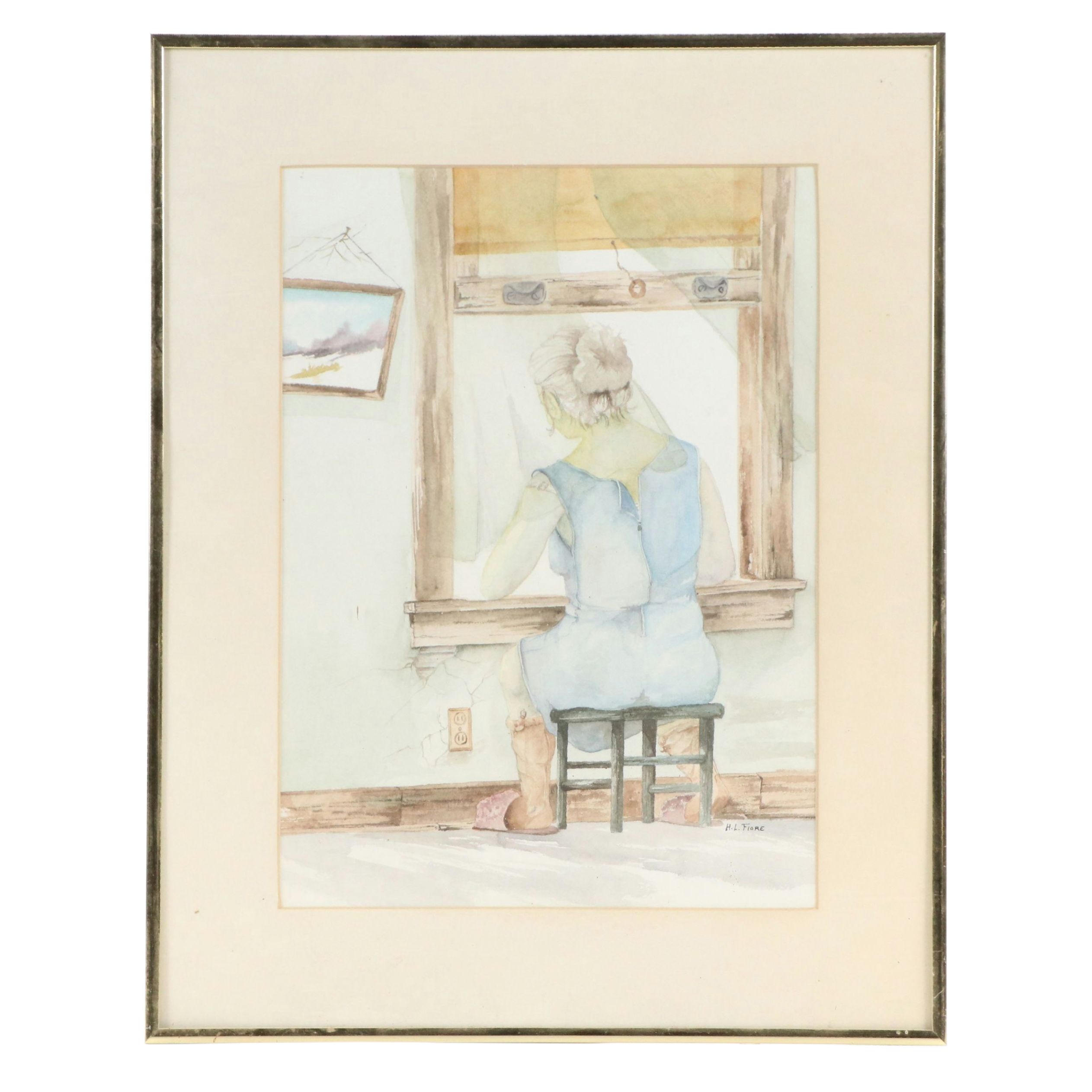 Henry L. Fiore Watercolor Painting of Woman at Window, Mid to Late 20th Century