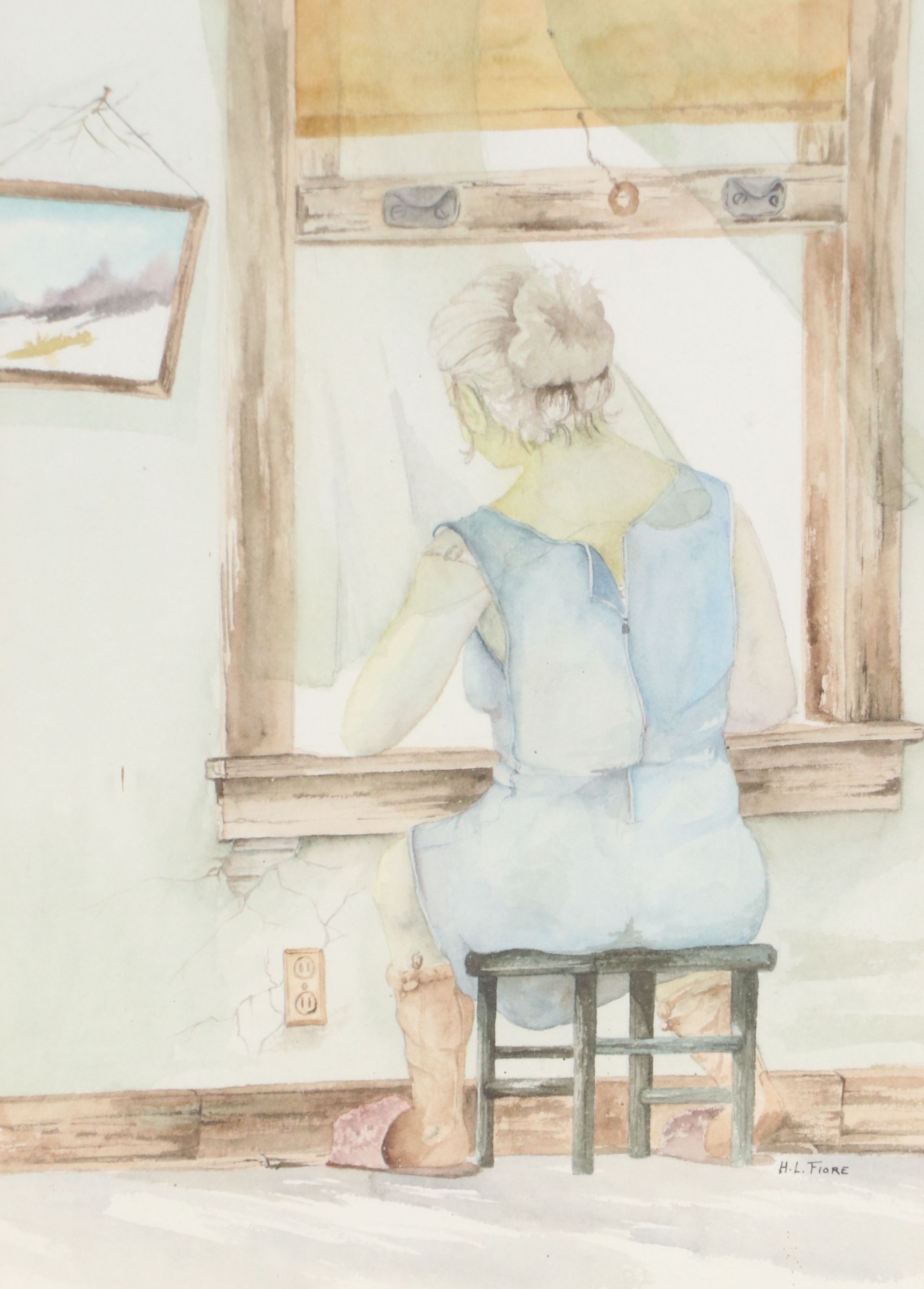 Henry L. Fiore Watercolor Painting of Woman at Window, Mid to Late 20th Century