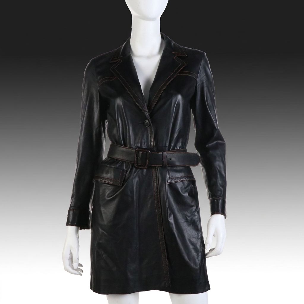 Prada Belted Lambskin Leather Coat with Contrast-Stitching