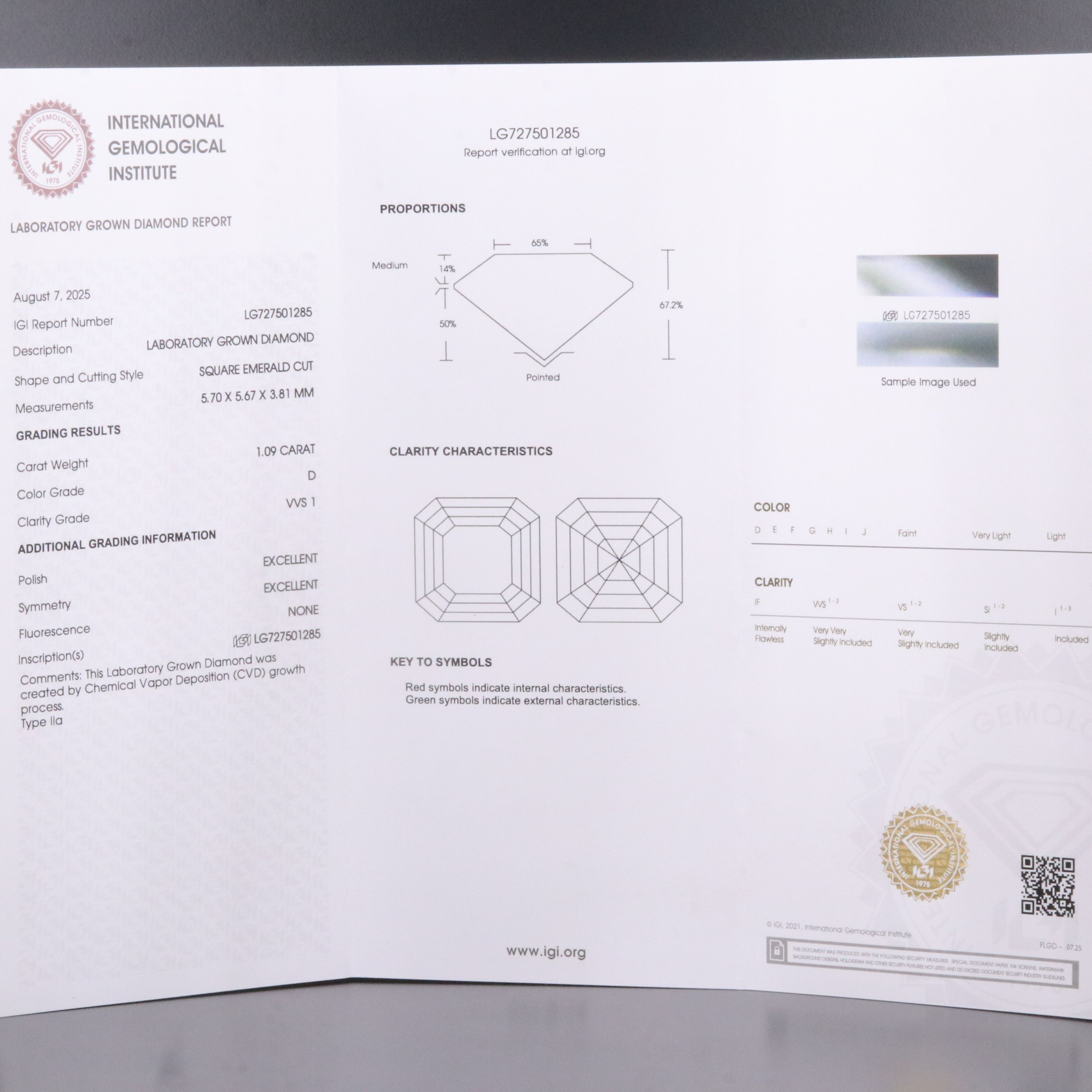 Loose 1.09 CT Lab Grown Diamond with IGI Report